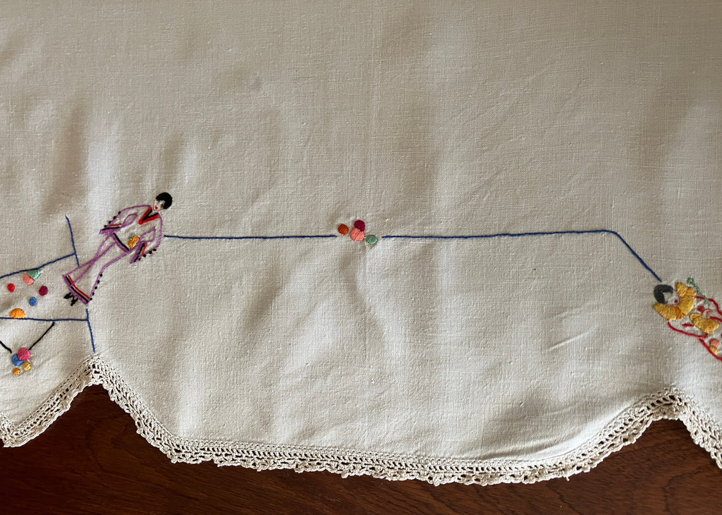 Vintage Embroidered Tablecloth Harlequin Fashion Ladies 88 X 85cm Table Cloth