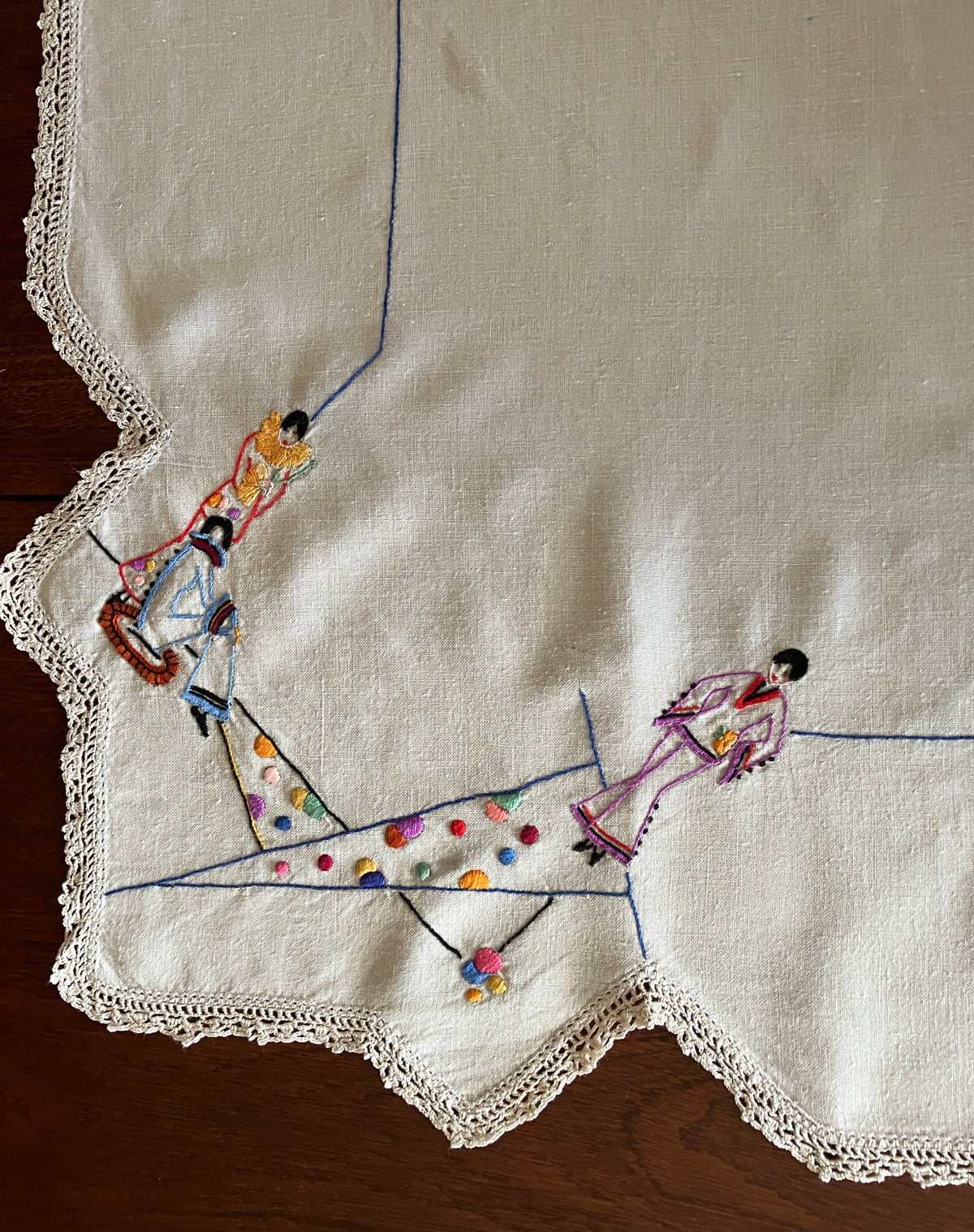 Vintage Embroidered Tablecloth Harlequin Fashion Ladies 88 X 85cm Table Cloth