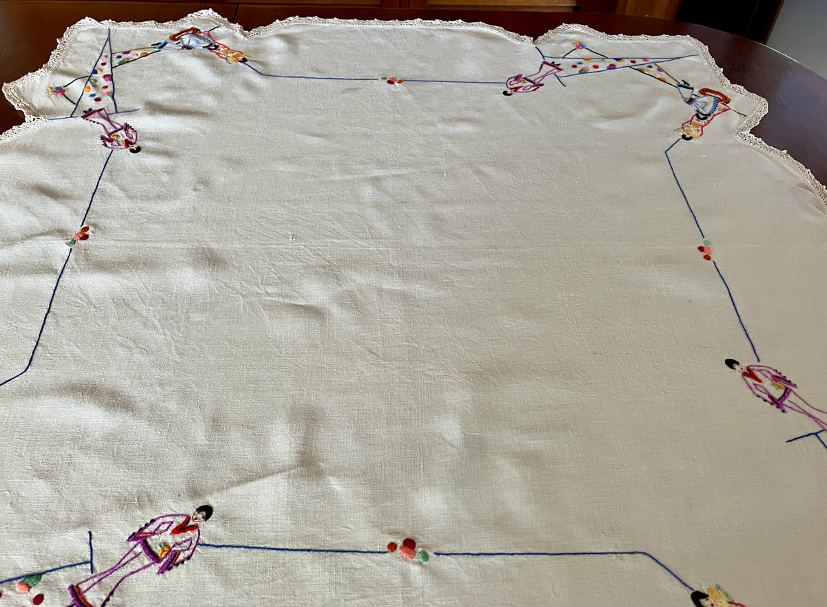 Vintage Embroidered Tablecloth Harlequin Fashion Ladies 88 X 85cm Table Cloth