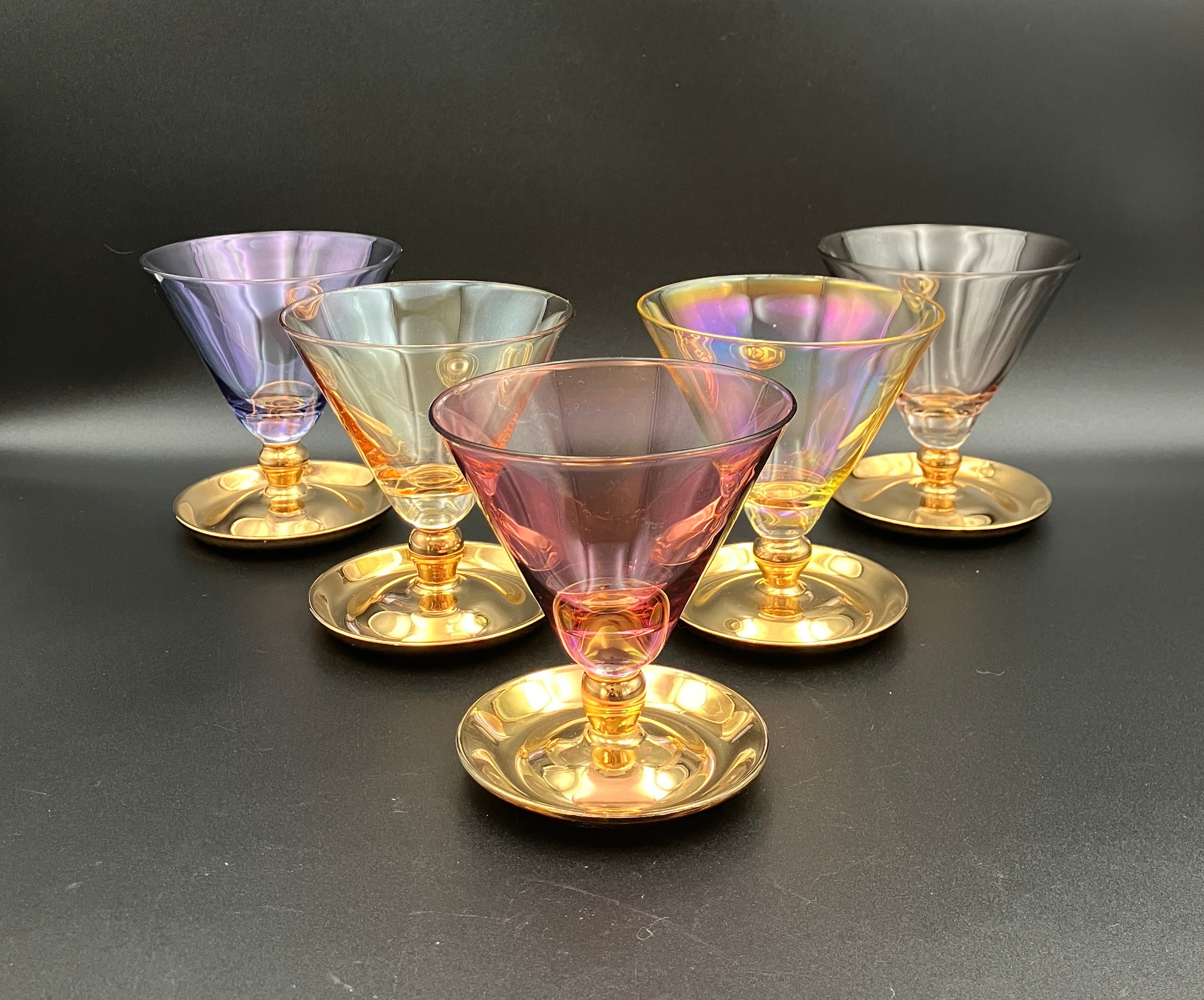 Vintage Harlequin Gold Stem Shrimp Cocktail / Champagne Coupes X5