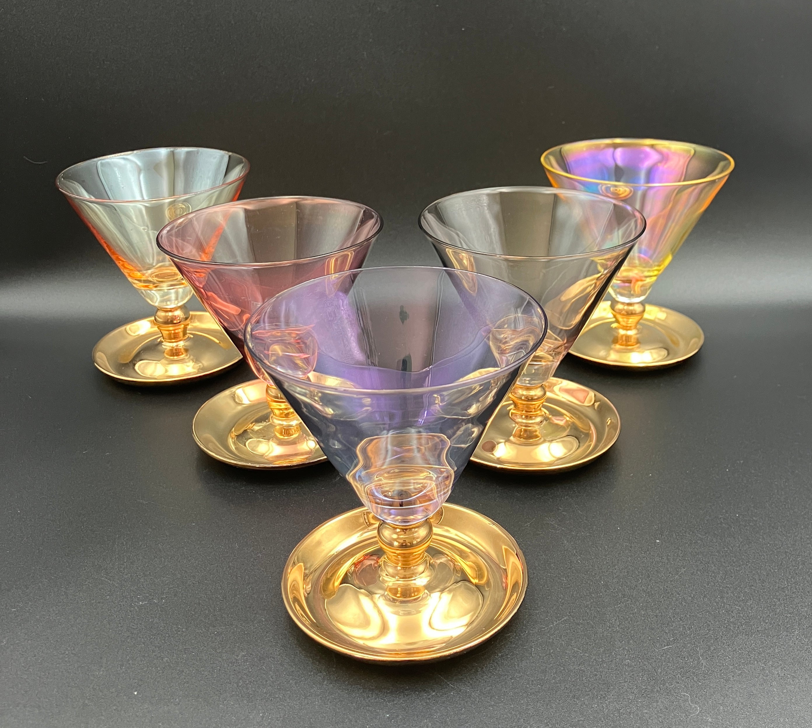 Vintage Harlequin Gold Stem Shrimp Cocktail / Champagne Coupes X5