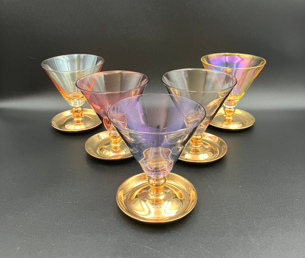 Vintage Harlequin Gold Stem Shrimp Cocktail / Champagne Coupes X5