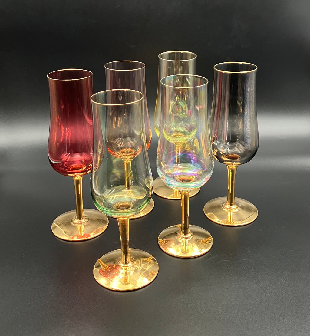 Vintage Harlequin Gold Stem Champagne Flutes / Wine Glasses Lustre Set Of 6