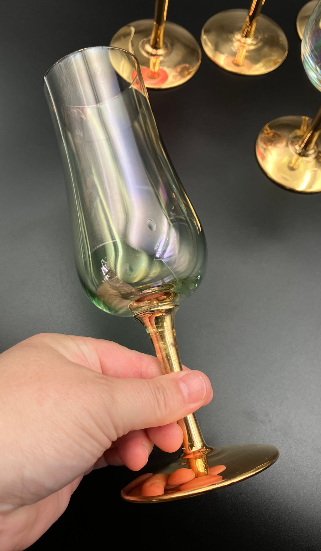 Vintage Harlequin Gold Stem Champagne Flutes / Wine Glasses Lustre Set Of 6
