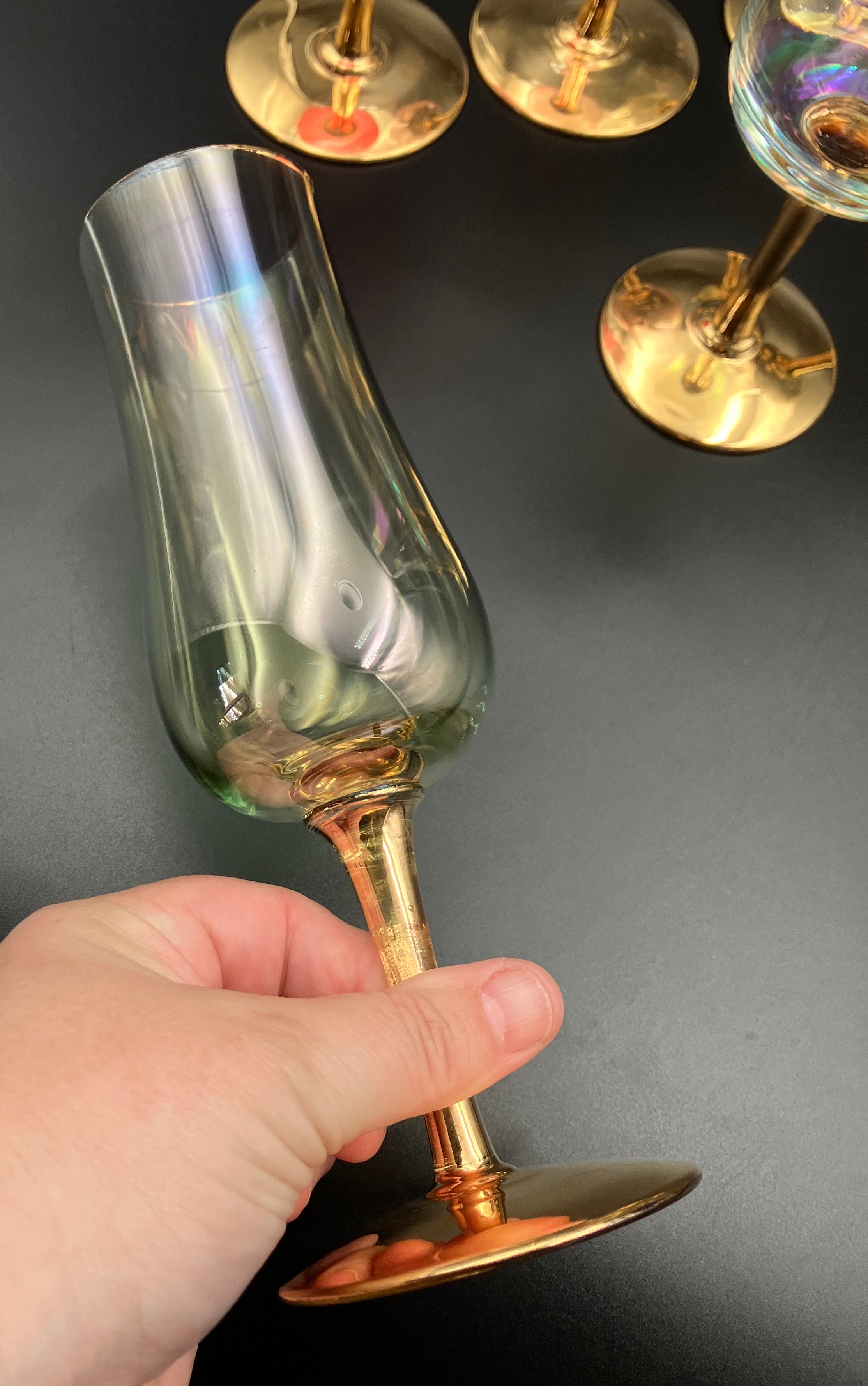 Vintage Harlequin Gold Stem Champagne Flutes / Wine Glasses Lustre Set Of 6