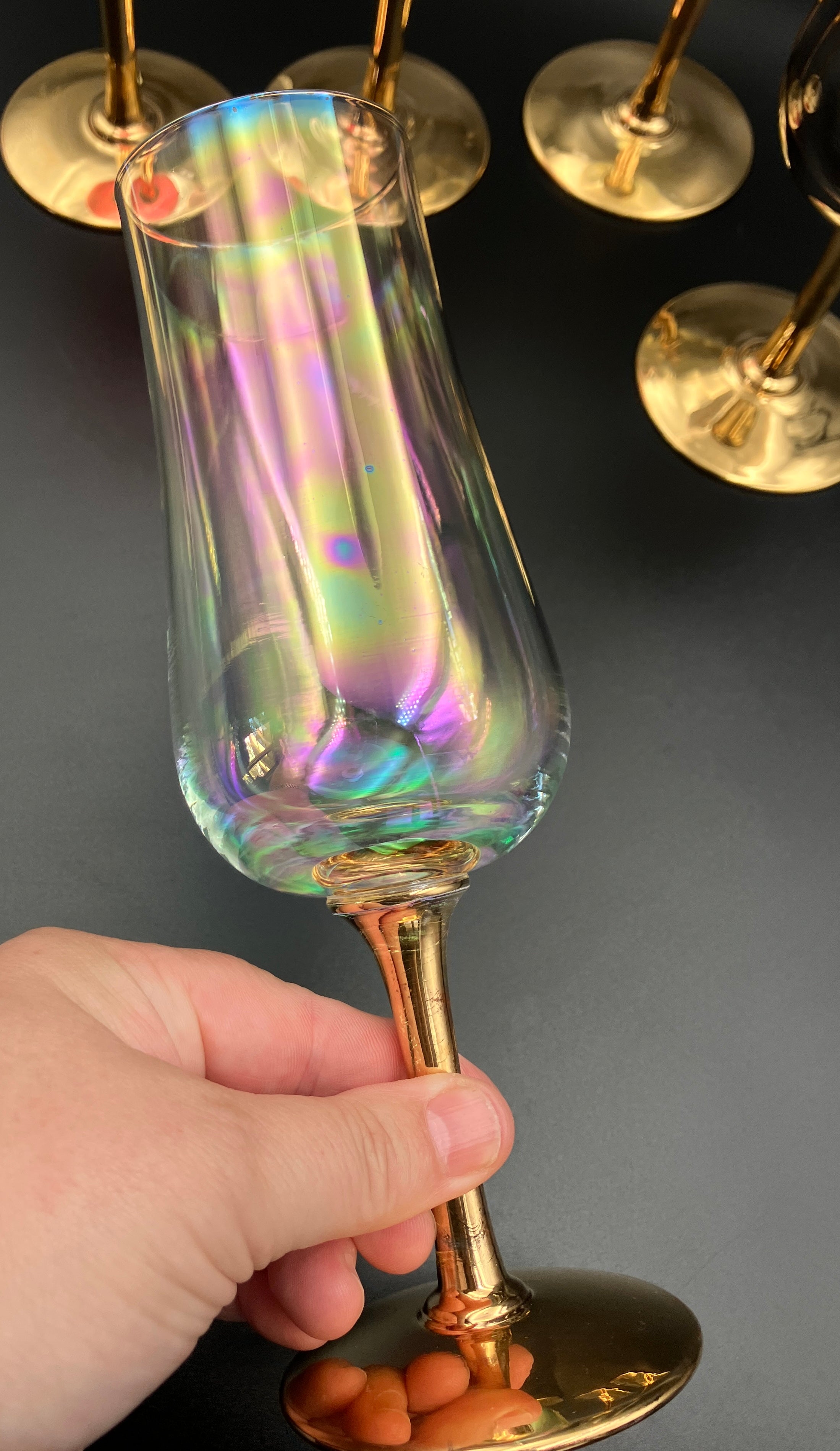Vintage Harlequin Gold Stem Champagne Flutes / Wine Glasses Lustre Set Of 6