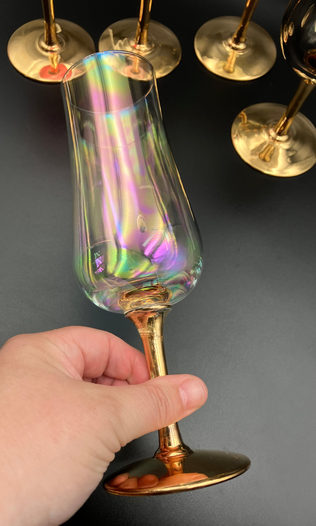 Vintage Harlequin Gold Stem Champagne Flutes / Wine Glasses Lustre Set Of 6