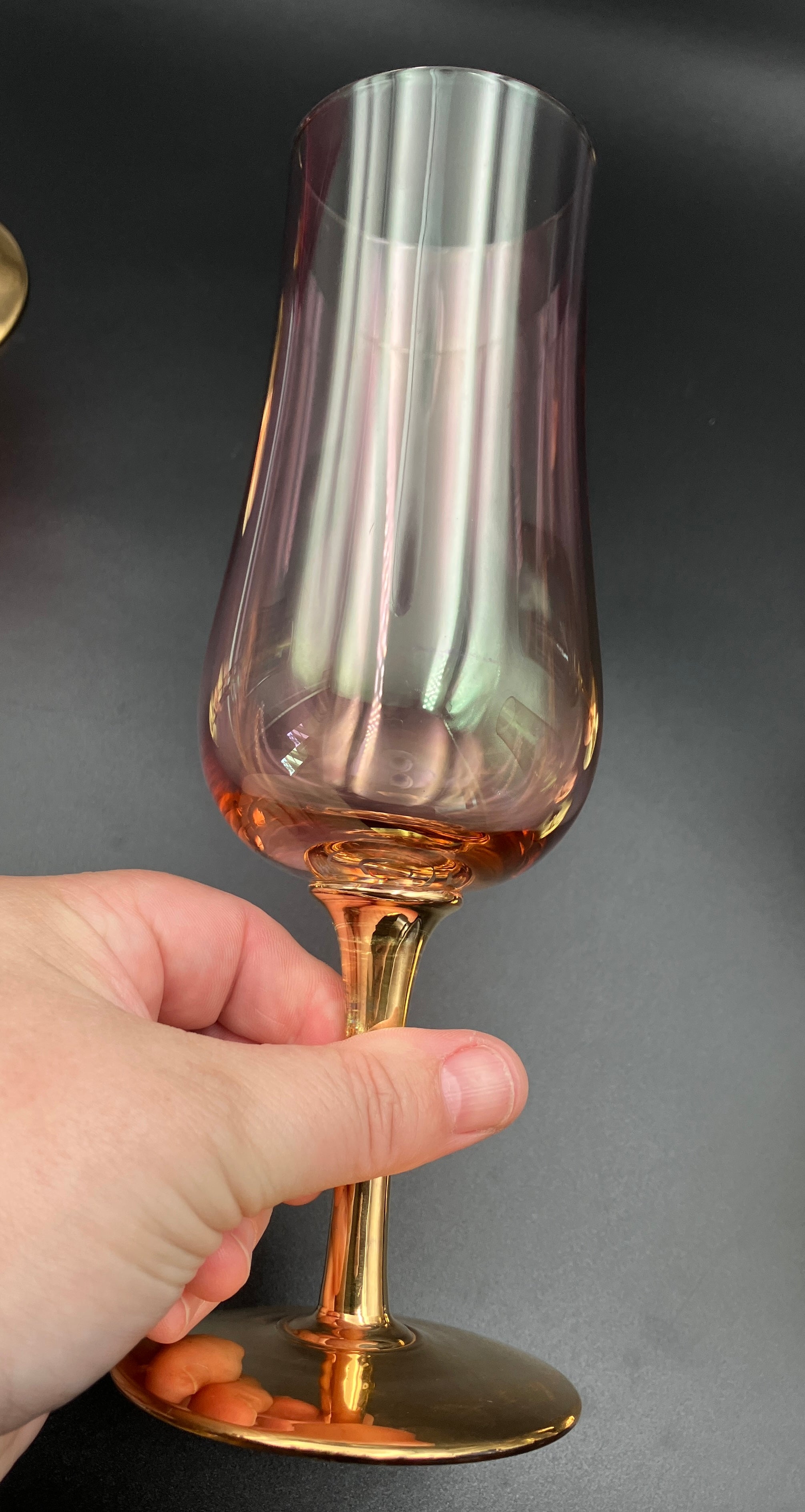 Vintage Harlequin Gold Stem Champagne Flutes / Wine Glasses Lustre Set Of 6