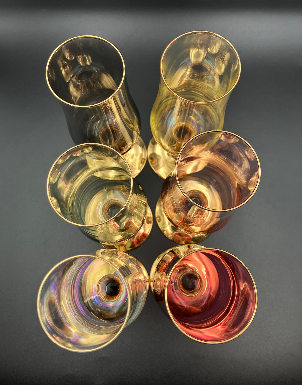 Vintage Harlequin Gold Stem Champagne Flutes / Wine Glasses Lustre Set Of 6