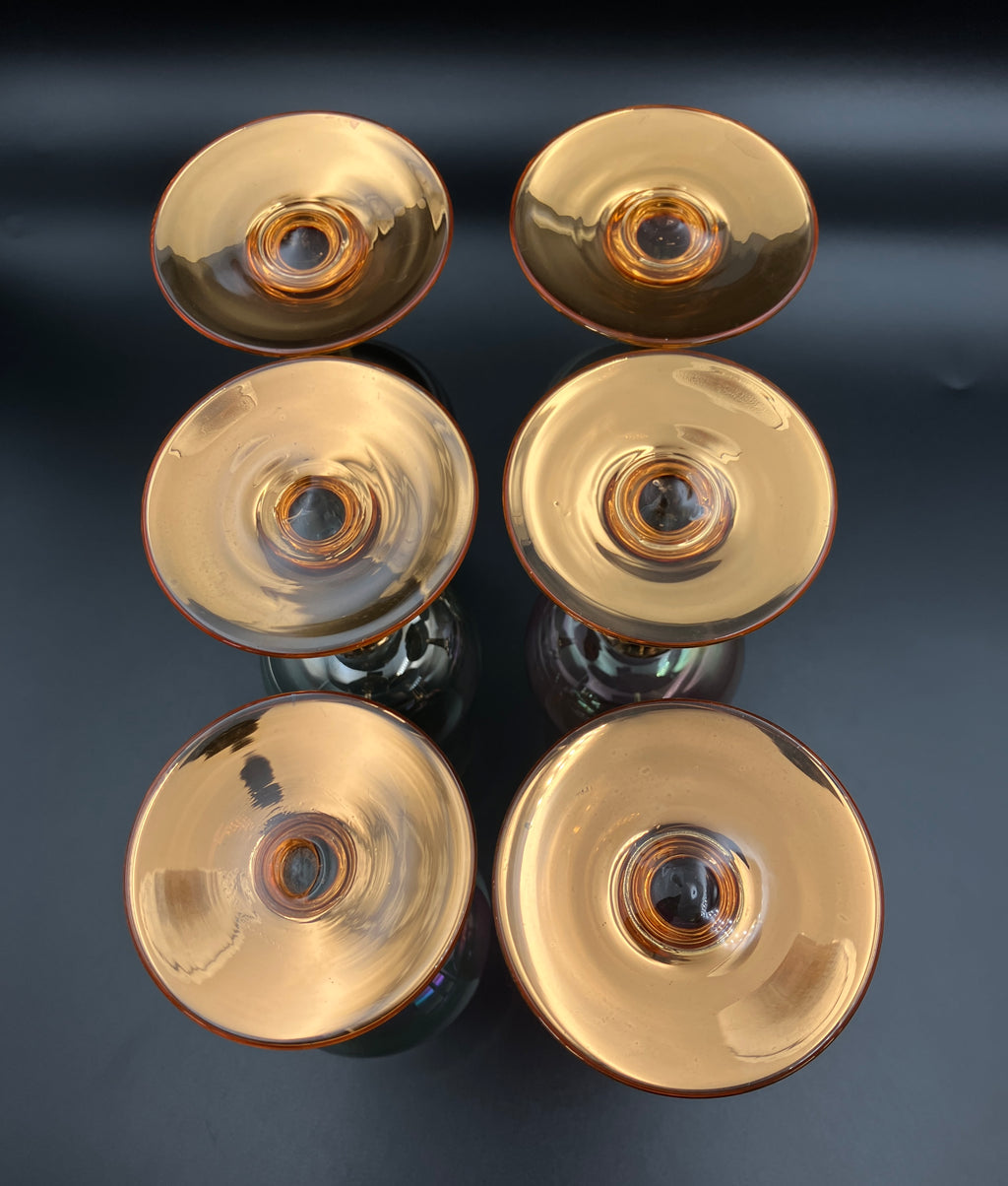 Vintage Harlequin Gold Stem Champagne Flutes / Wine Glasses Lustre Set Of 6