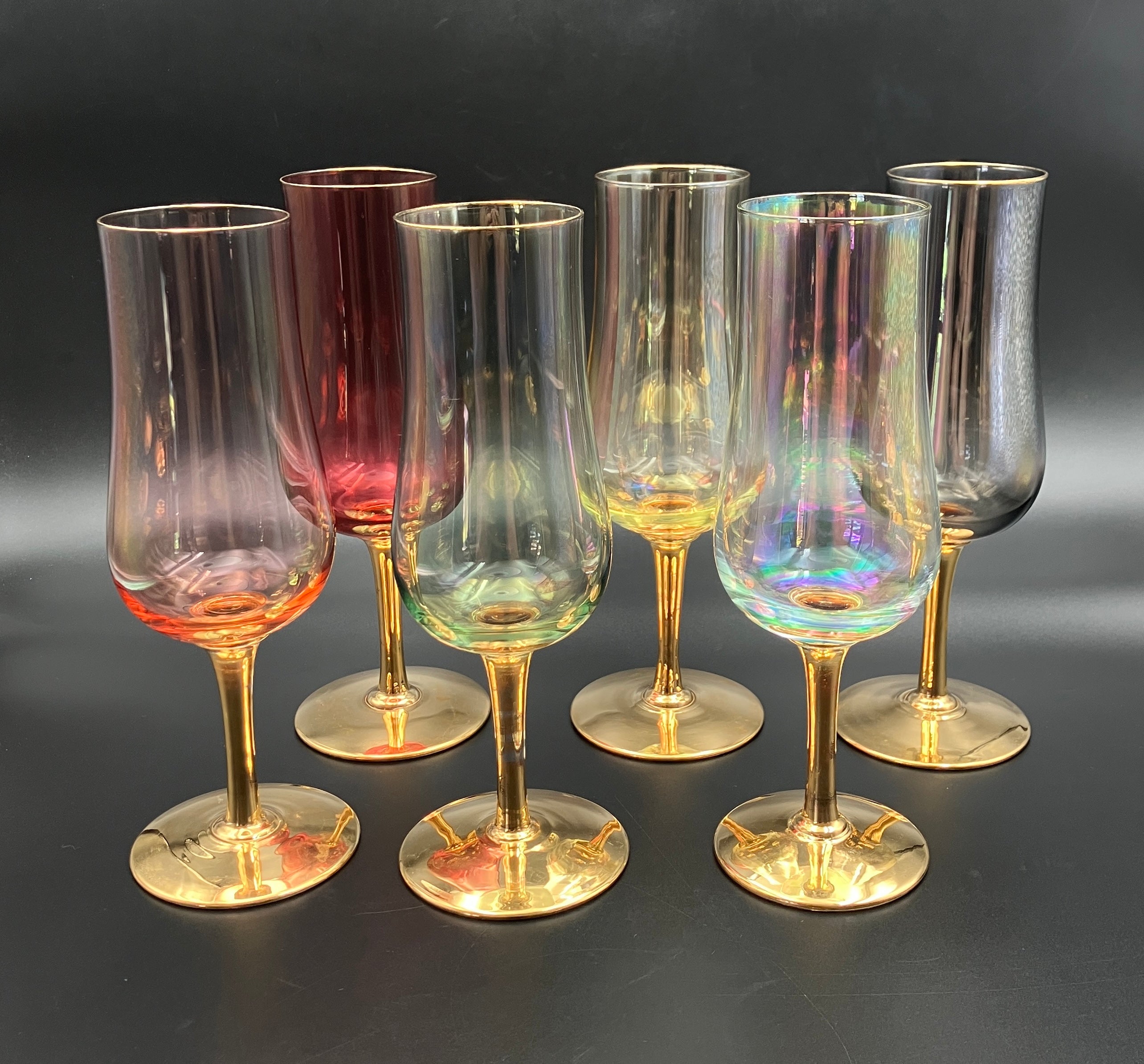 Vintage Harlequin Gold Stem Champagne Flutes / Wine Glasses Lustre Set Of 6