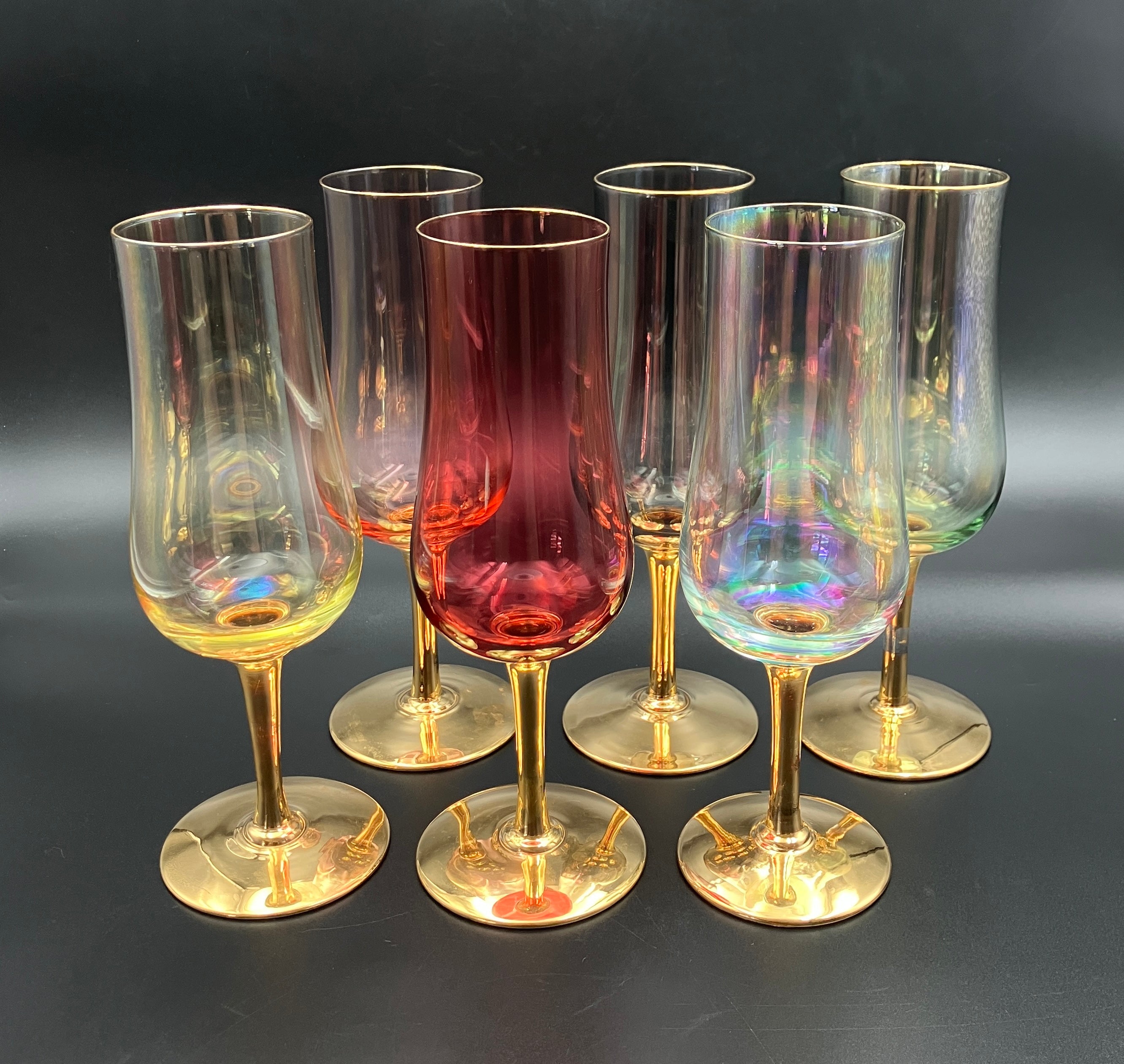 Vintage Harlequin Gold Stem Champagne Flutes / Wine Glasses Lustre Set Of 6