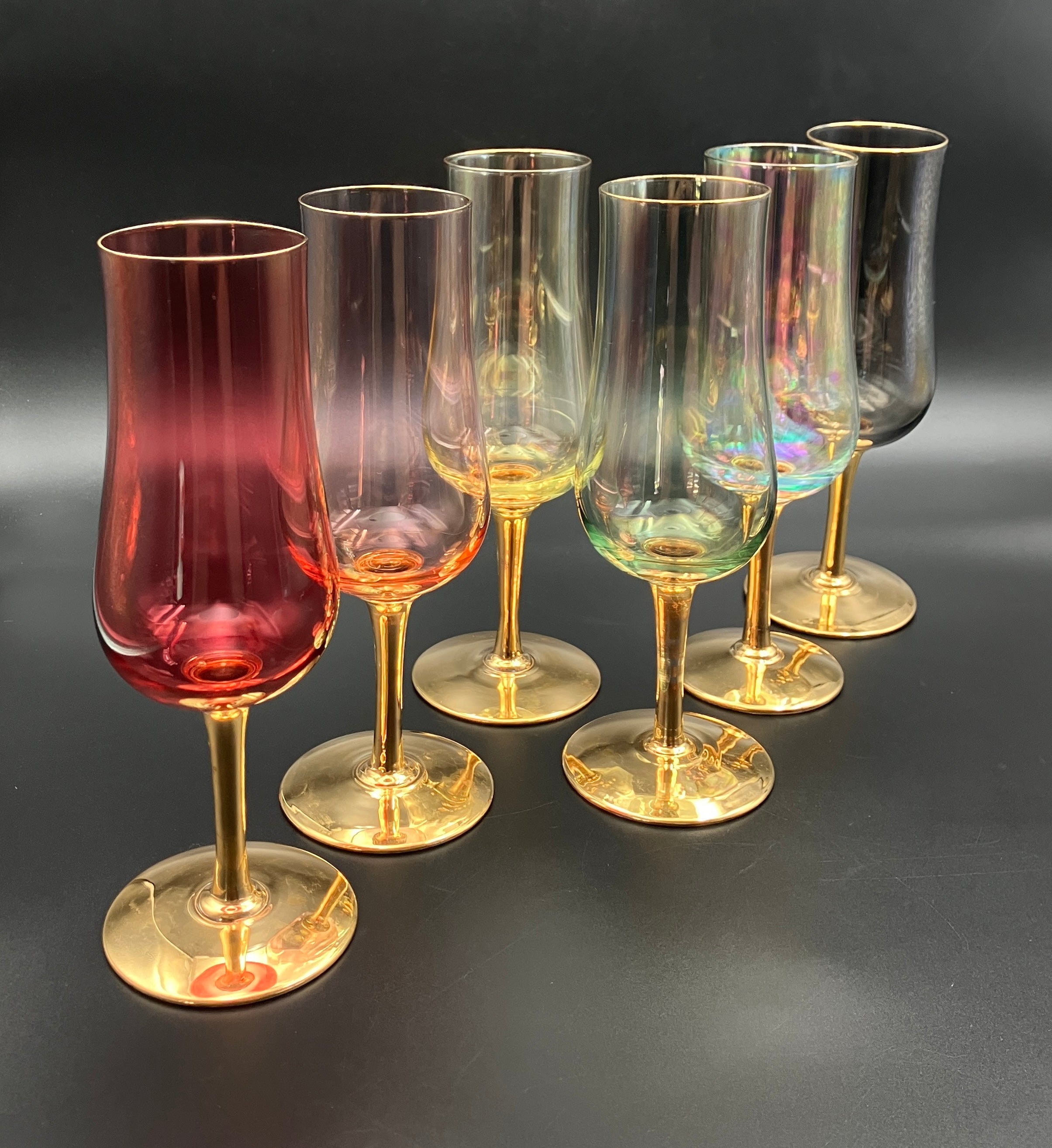 Vintage Harlequin Gold Stem Champagne Flutes / Wine Glasses Lustre Set Of 6
