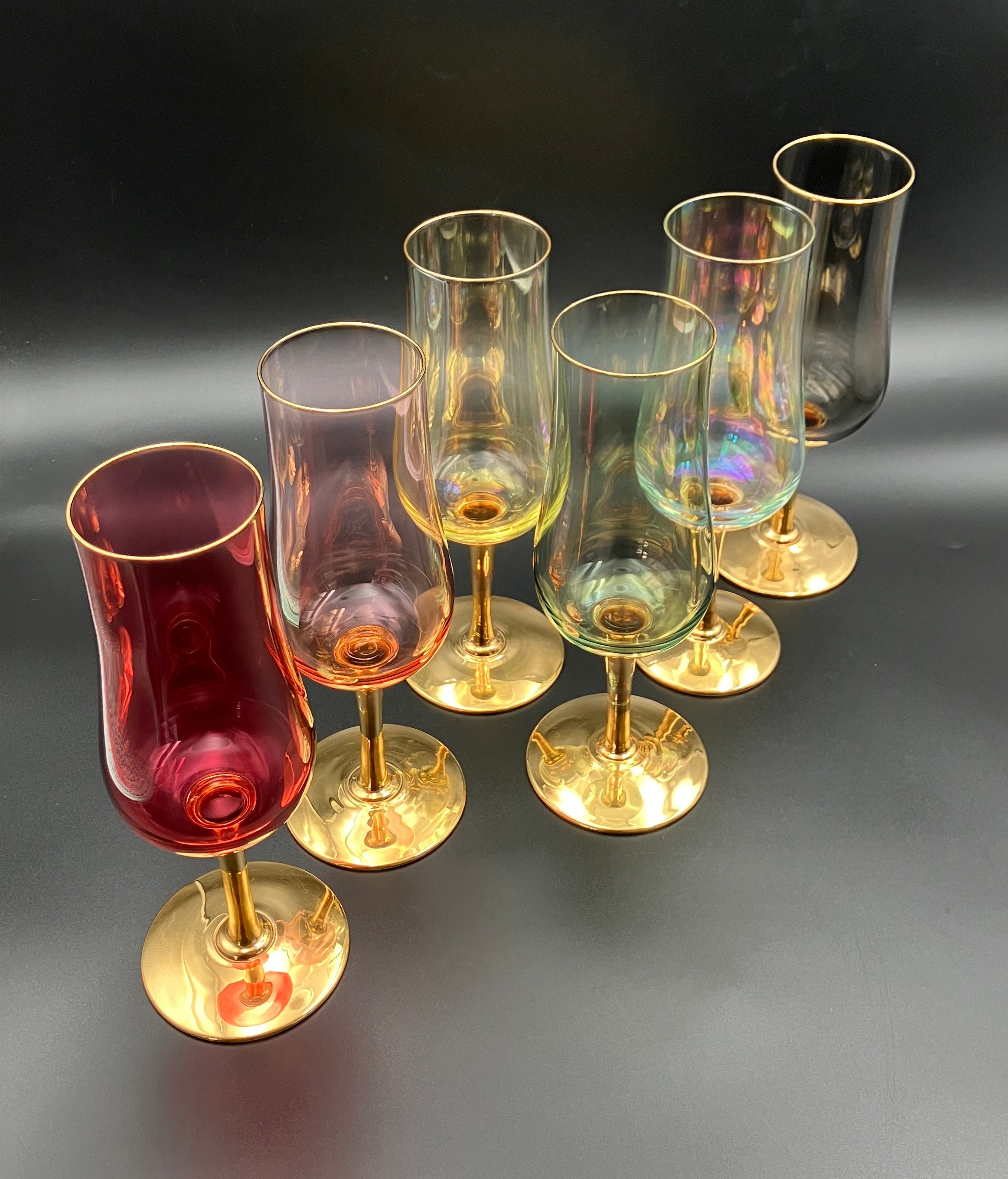 Vintage Harlequin Gold Stem Champagne Flutes / Wine Glasses Lustre Set Of 6