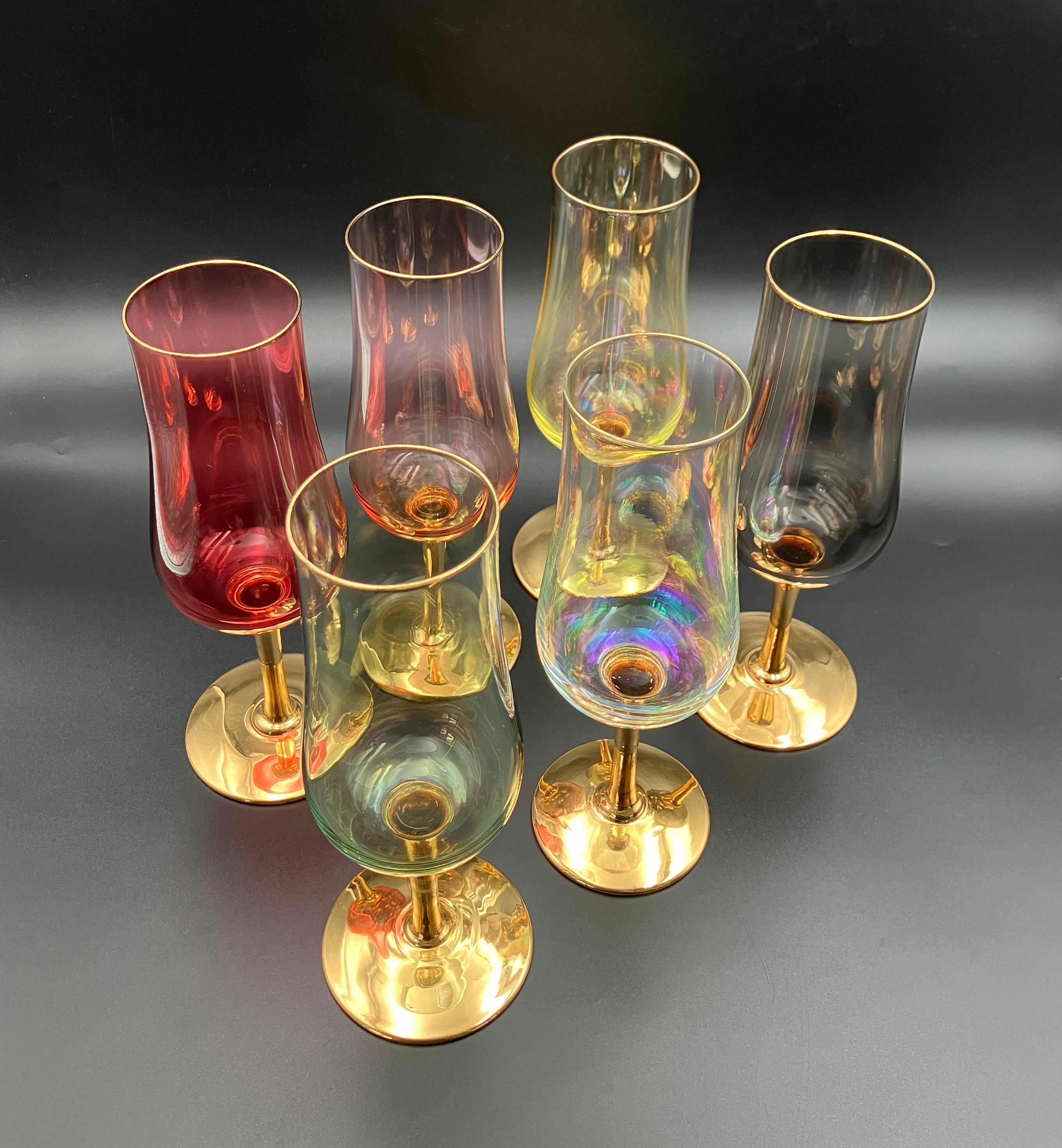 Vintage Harlequin Gold Stem Champagne Flutes / Wine Glasses Lustre Set Of 6