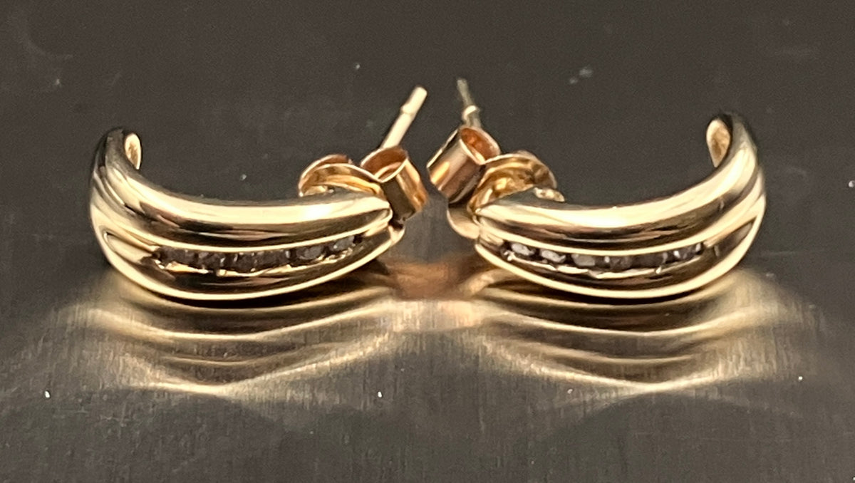 Vintage 9ct Gold Brilliant Cut Diamond Channel Set Half Hoop Earrings 375