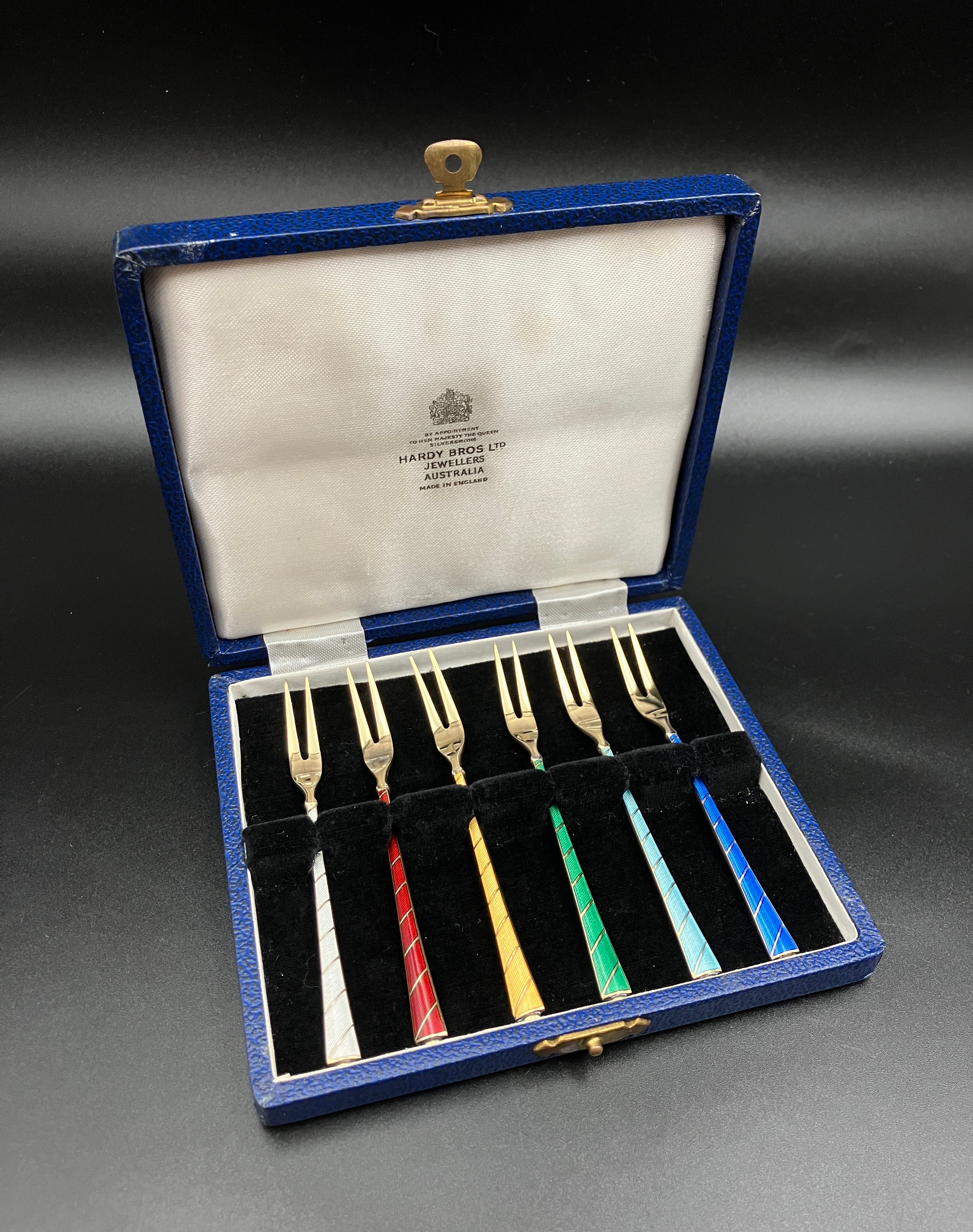 Vintage Denmark Sterling Silver ELA Enamel Gold Gilt Guilloche forks Set Of 6