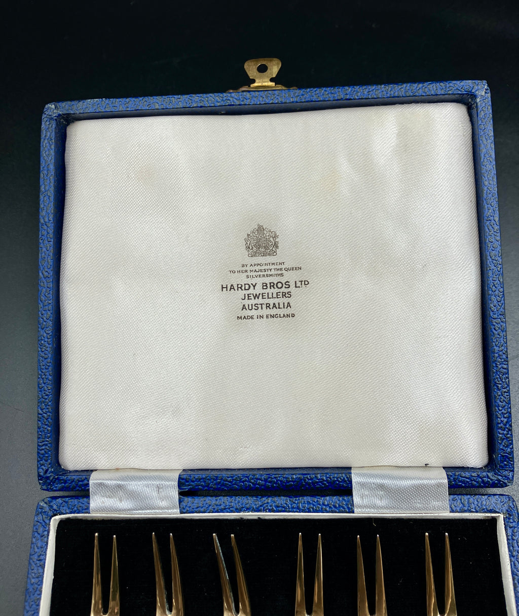 Vintage Denmark Sterling Silver ELA Enamel Gold Gilt Guilloche forks Set Of 6