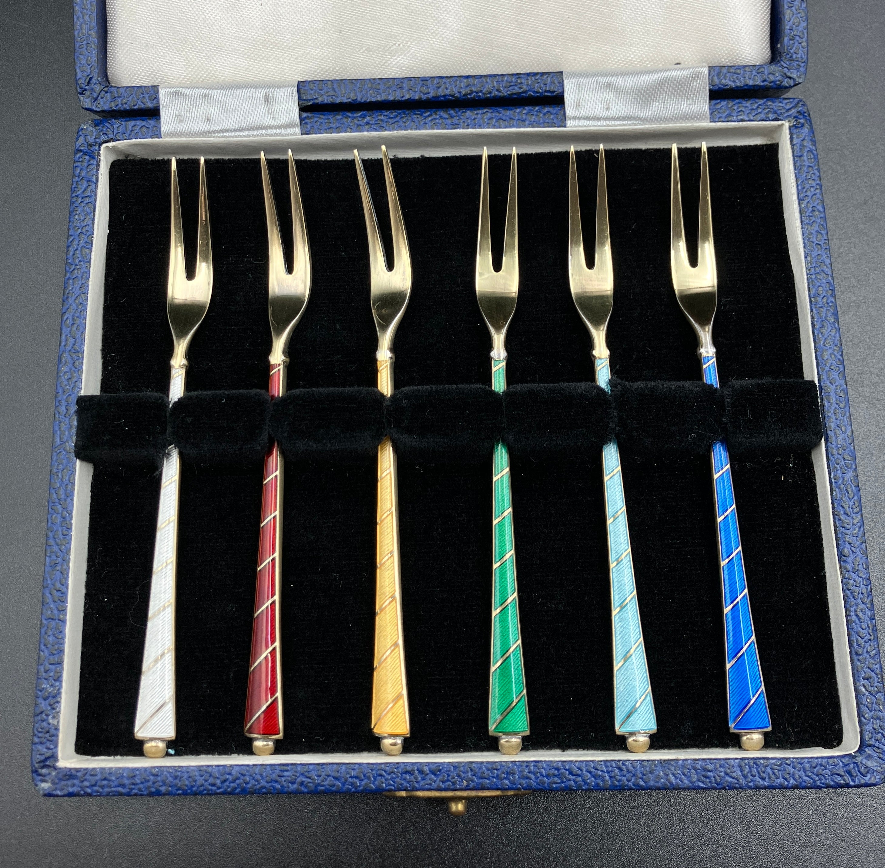 Vintage Denmark Sterling Silver ELA Enamel Gold Gilt Guilloche forks Set Of 6