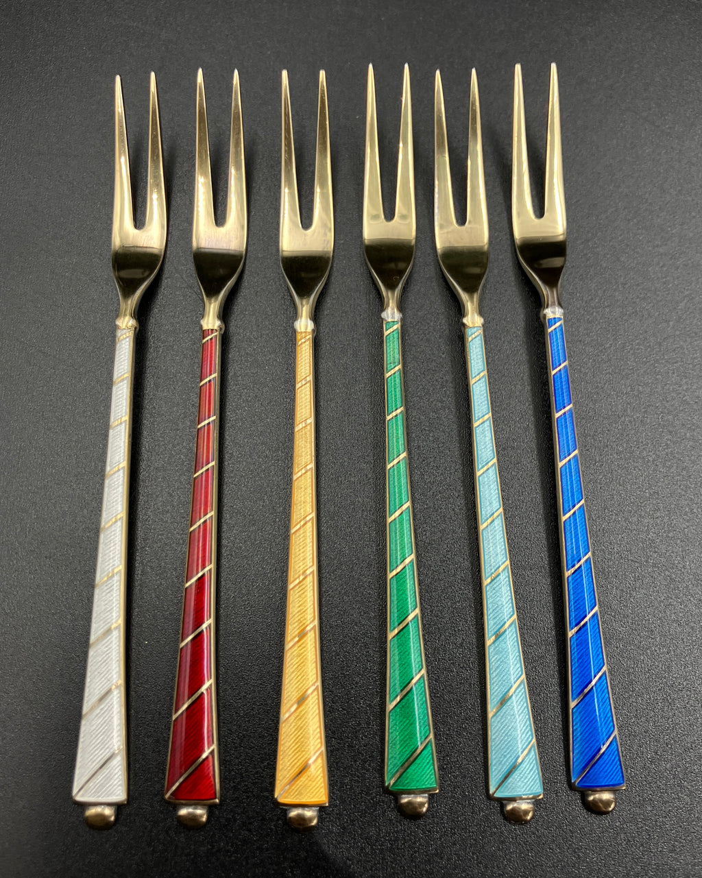 Vintage Denmark Sterling Silver ELA Enamel Gold Gilt Guilloche forks Set Of 6