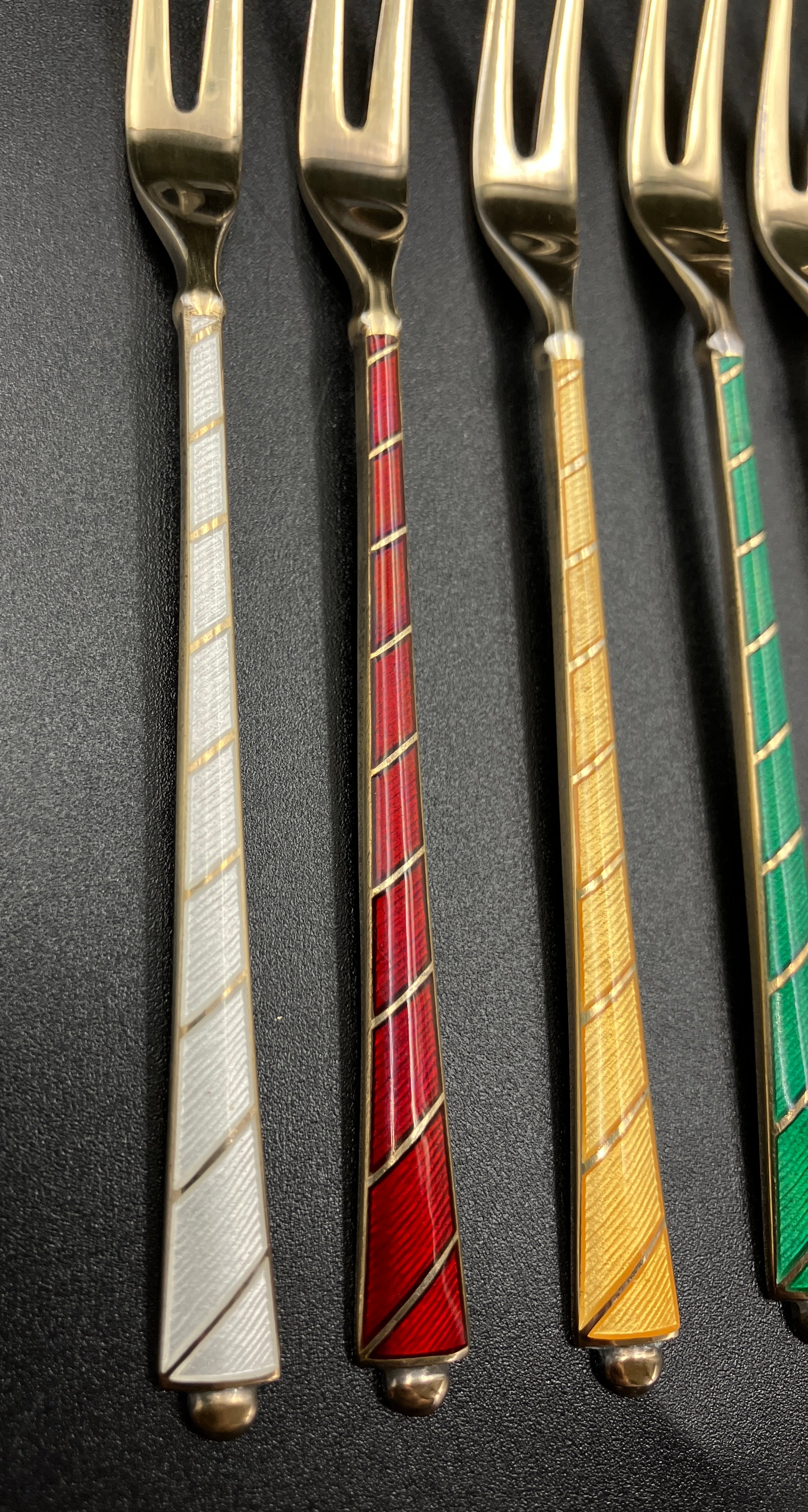 Vintage Denmark Sterling Silver ELA Enamel Gold Gilt Guilloche forks Set Of 6