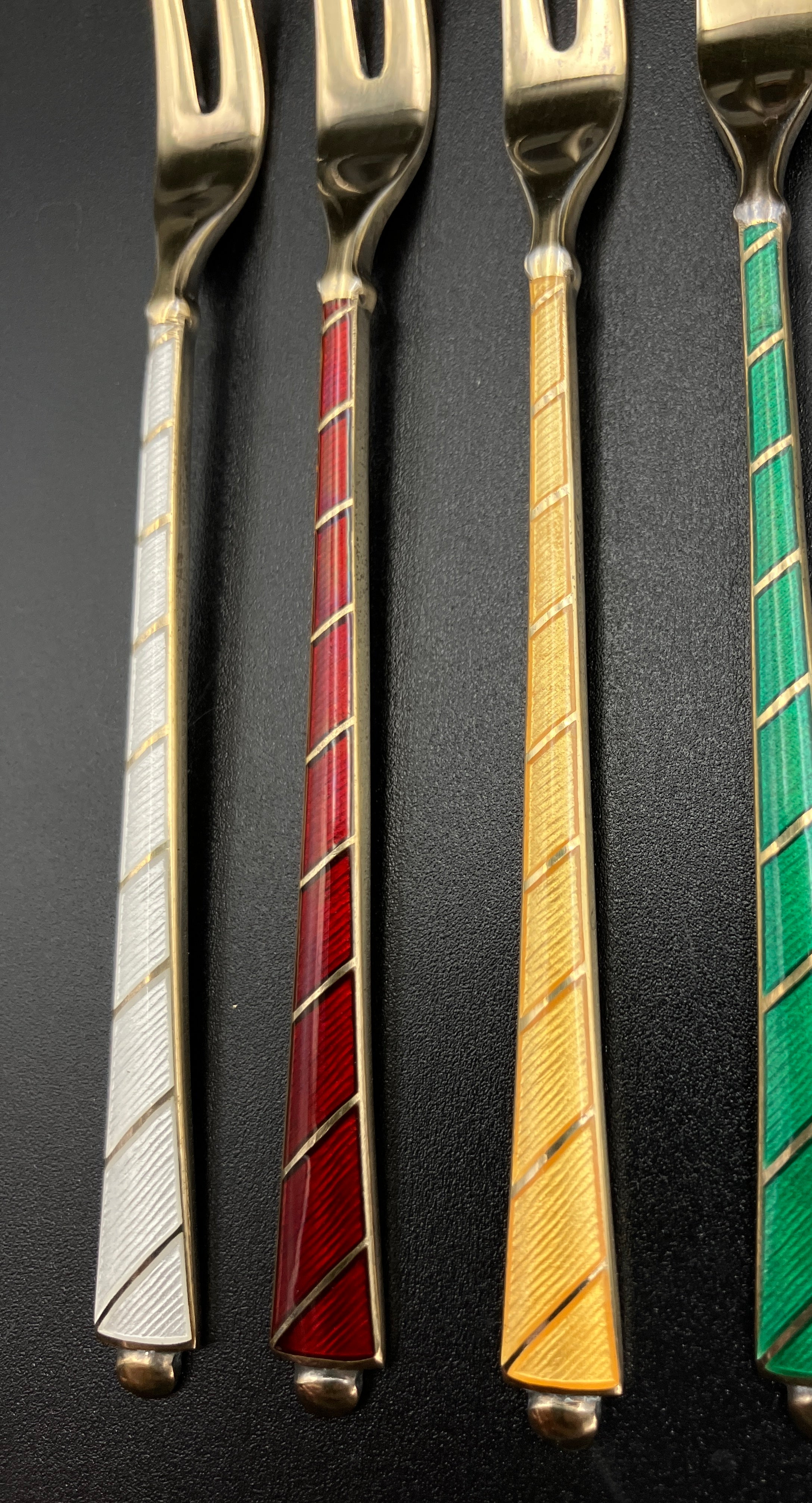 Vintage Denmark Sterling Silver ELA Enamel Gold Gilt Guilloche forks Set Of 6