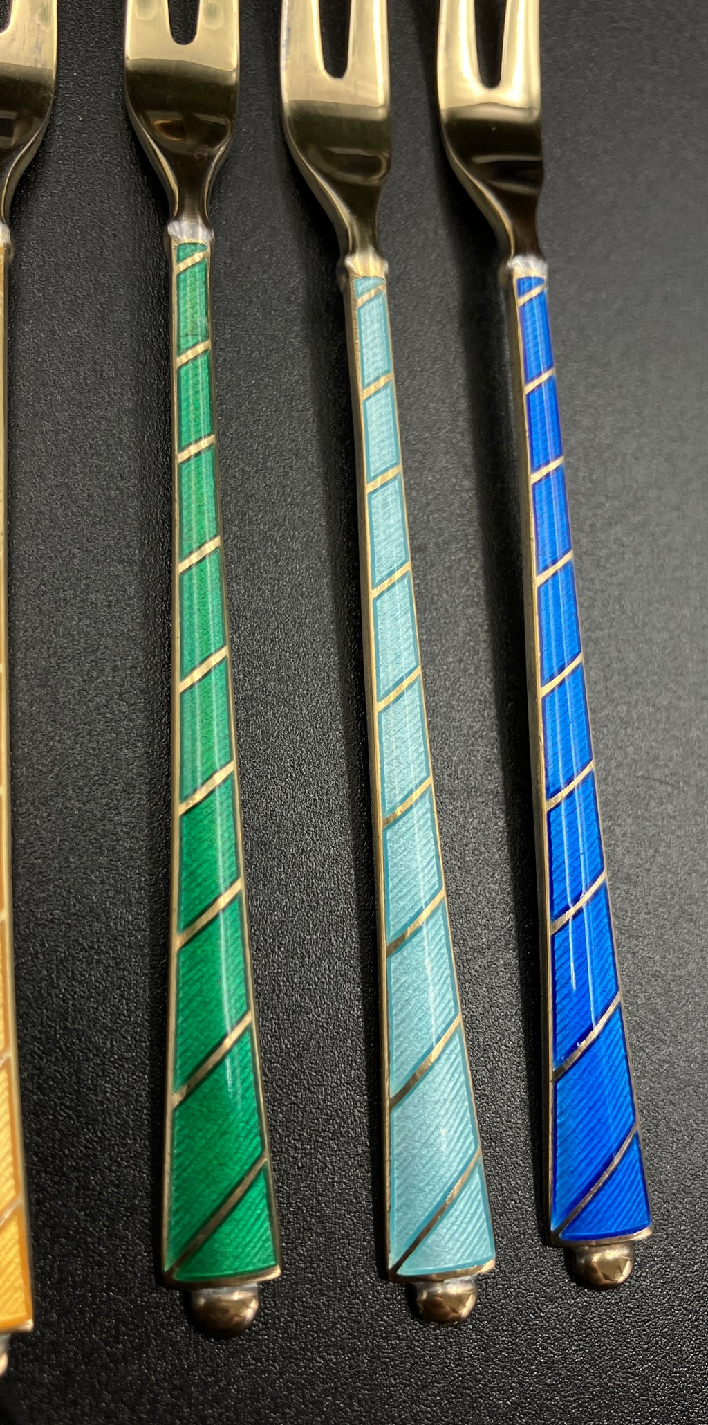 Vintage Denmark Sterling Silver ELA Enamel Gold Gilt Guilloche forks Set Of 6