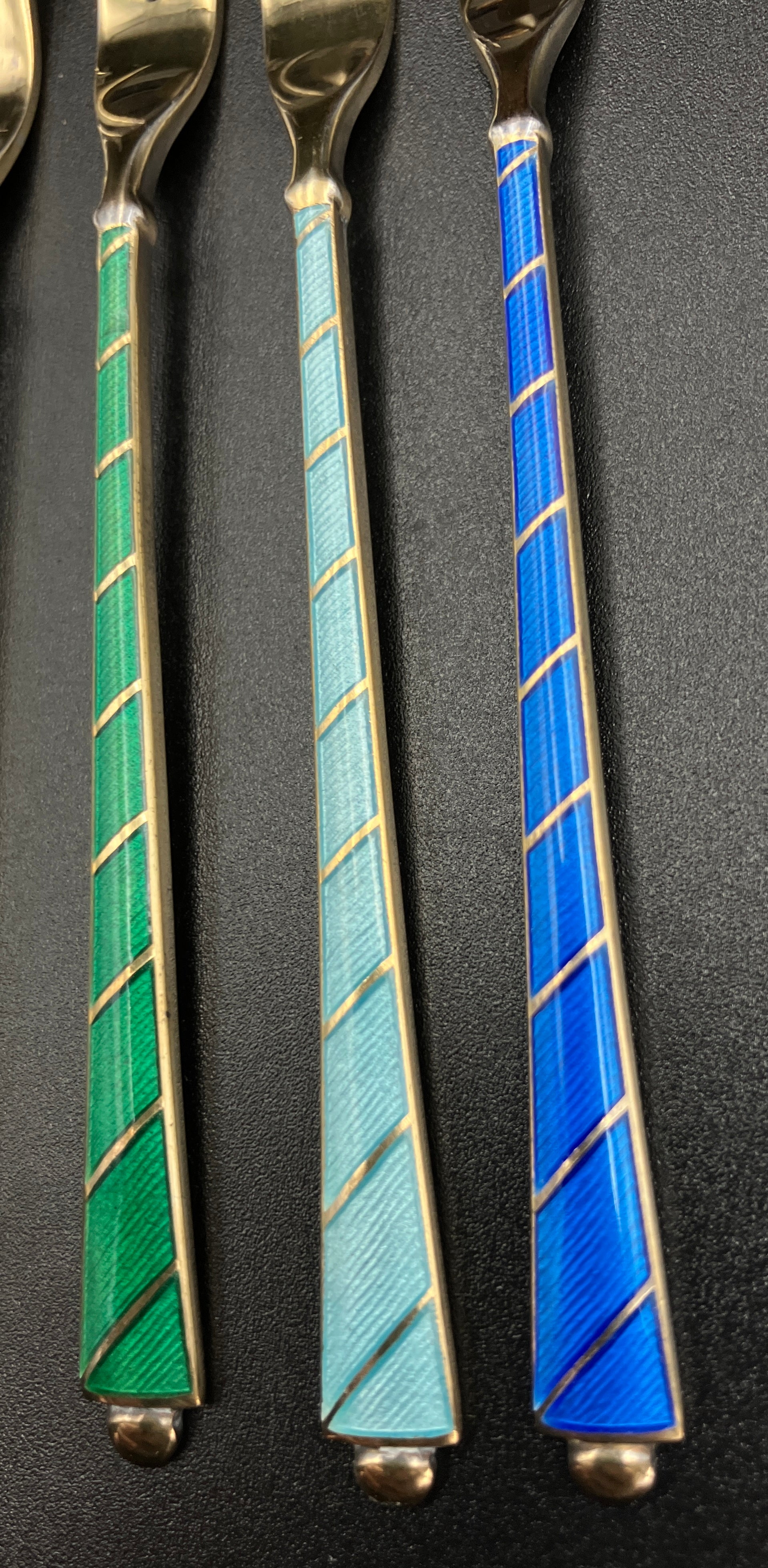 Vintage Denmark Sterling Silver ELA Enamel Gold Gilt Guilloche forks Set Of 6