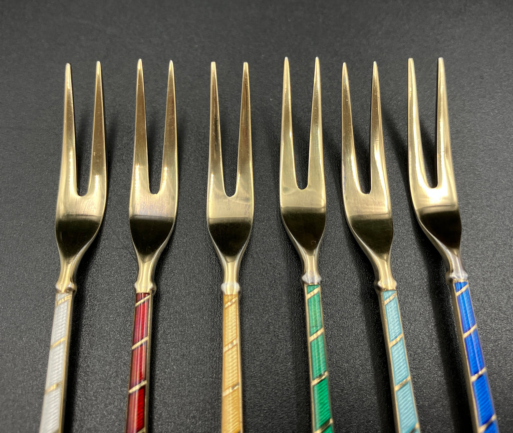 Vintage Denmark Sterling Silver ELA Enamel Gold Gilt Guilloche forks Set Of 6