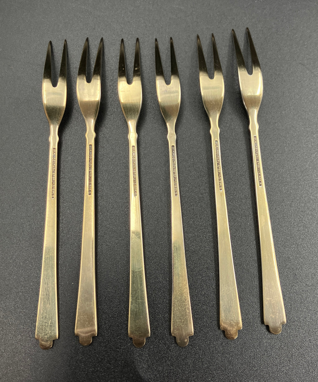 Vintage Denmark Sterling Silver ELA Enamel Gold Gilt Guilloche forks Set Of 6