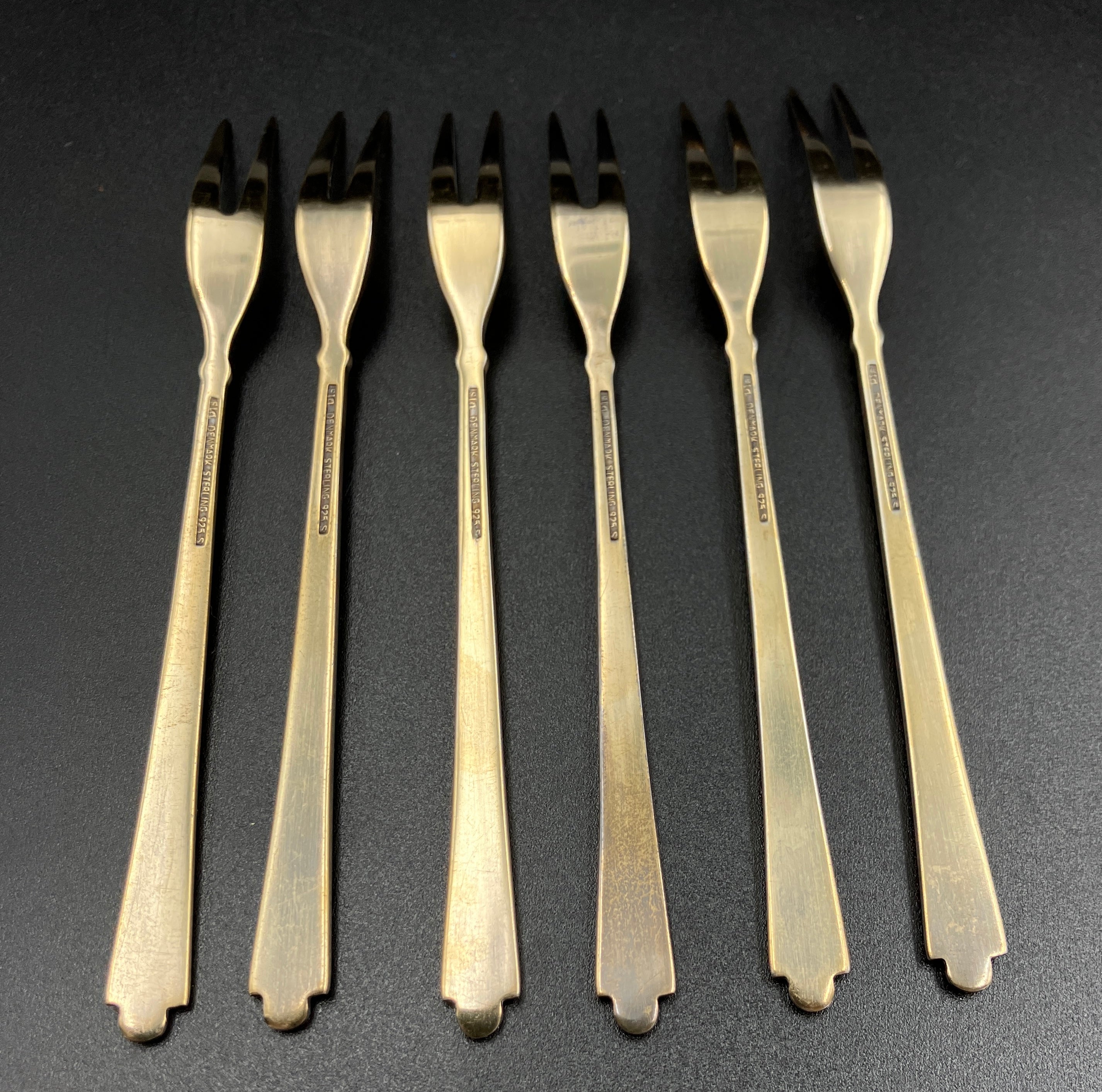 Vintage Denmark Sterling Silver ELA Enamel Gold Gilt Guilloche forks Set Of 6