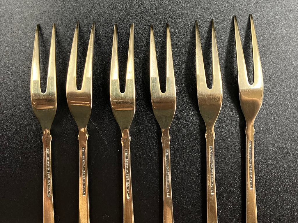 Vintage Denmark Sterling Silver ELA Enamel Gold Gilt Guilloche forks Set Of 6