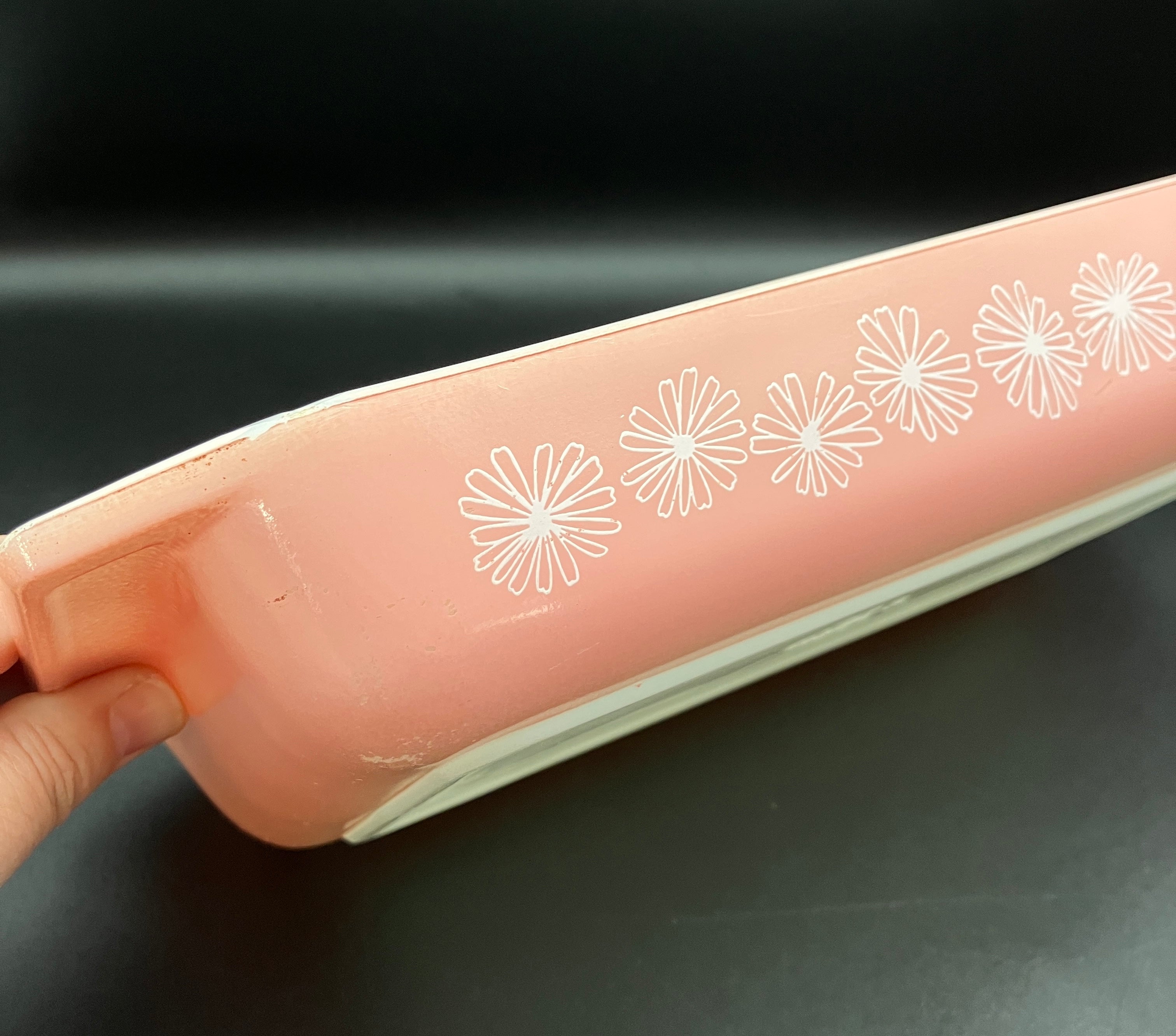 Vintage Pyrex Pink Daisy, Rectangle, Space saver design casserole dish, w/ lid