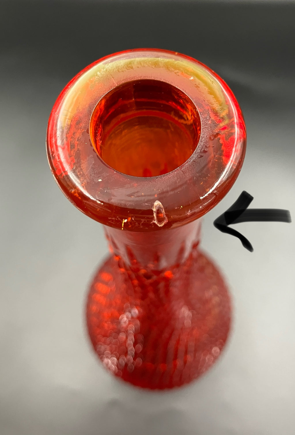 Vintage Orange Amberina Genie Bottle Diamond Cut - No Lid - 38cm Height