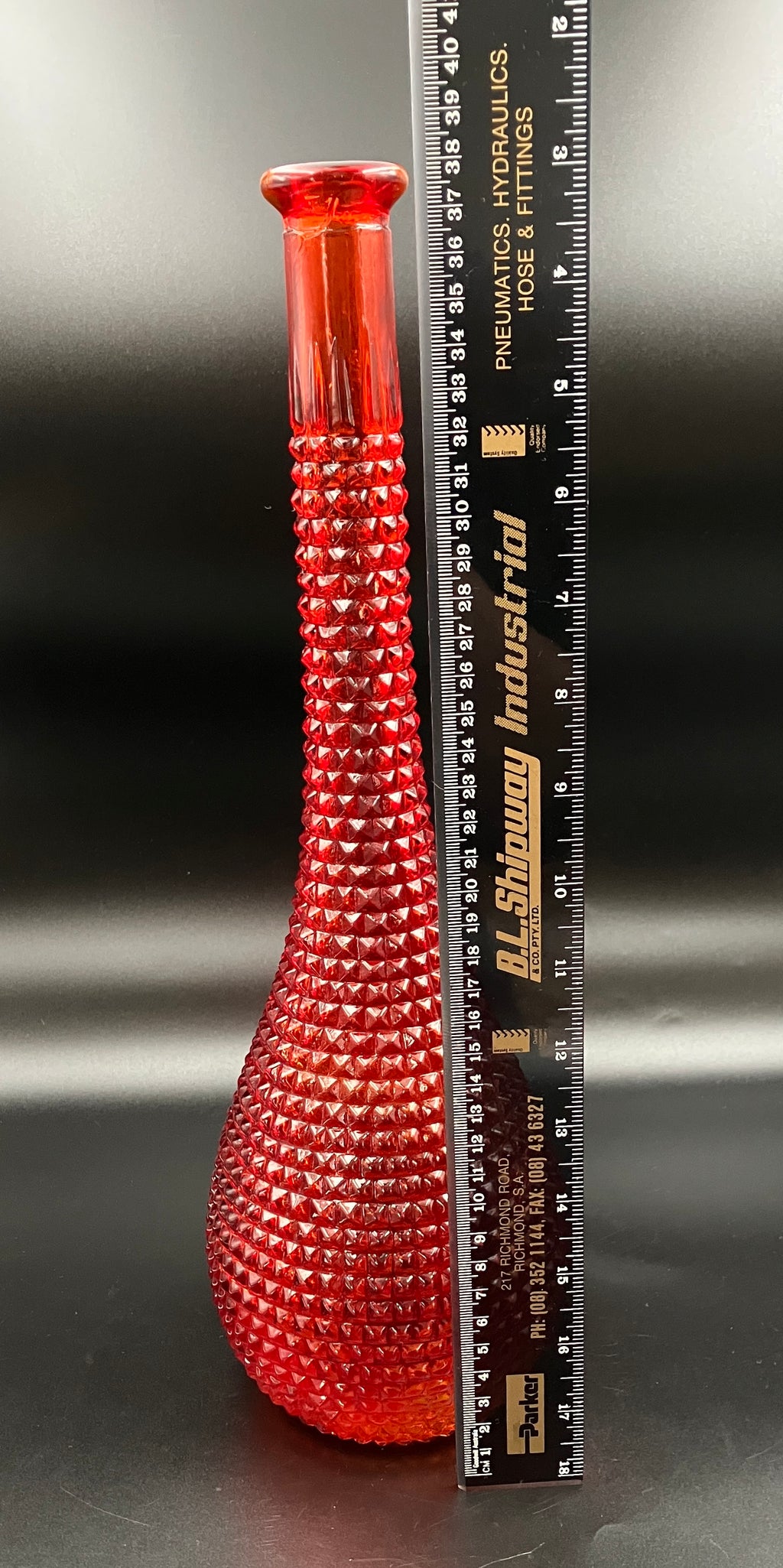 Vintage Orange Amberina Genie Bottle Diamond Cut - No Lid - 38cm Height