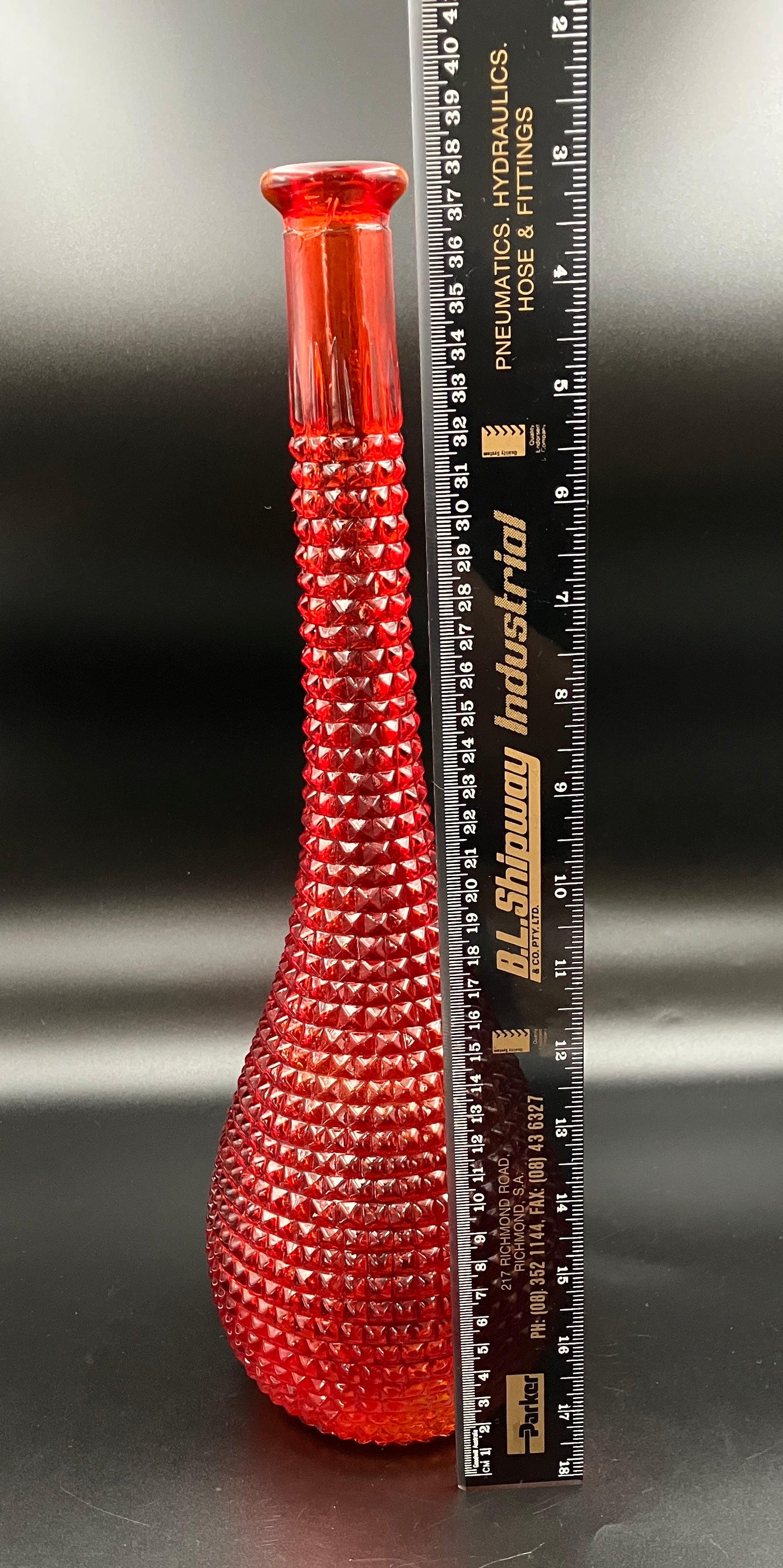 Vintage Orange Amberina Genie Bottle Diamond Cut - No Lid - 38cm Height