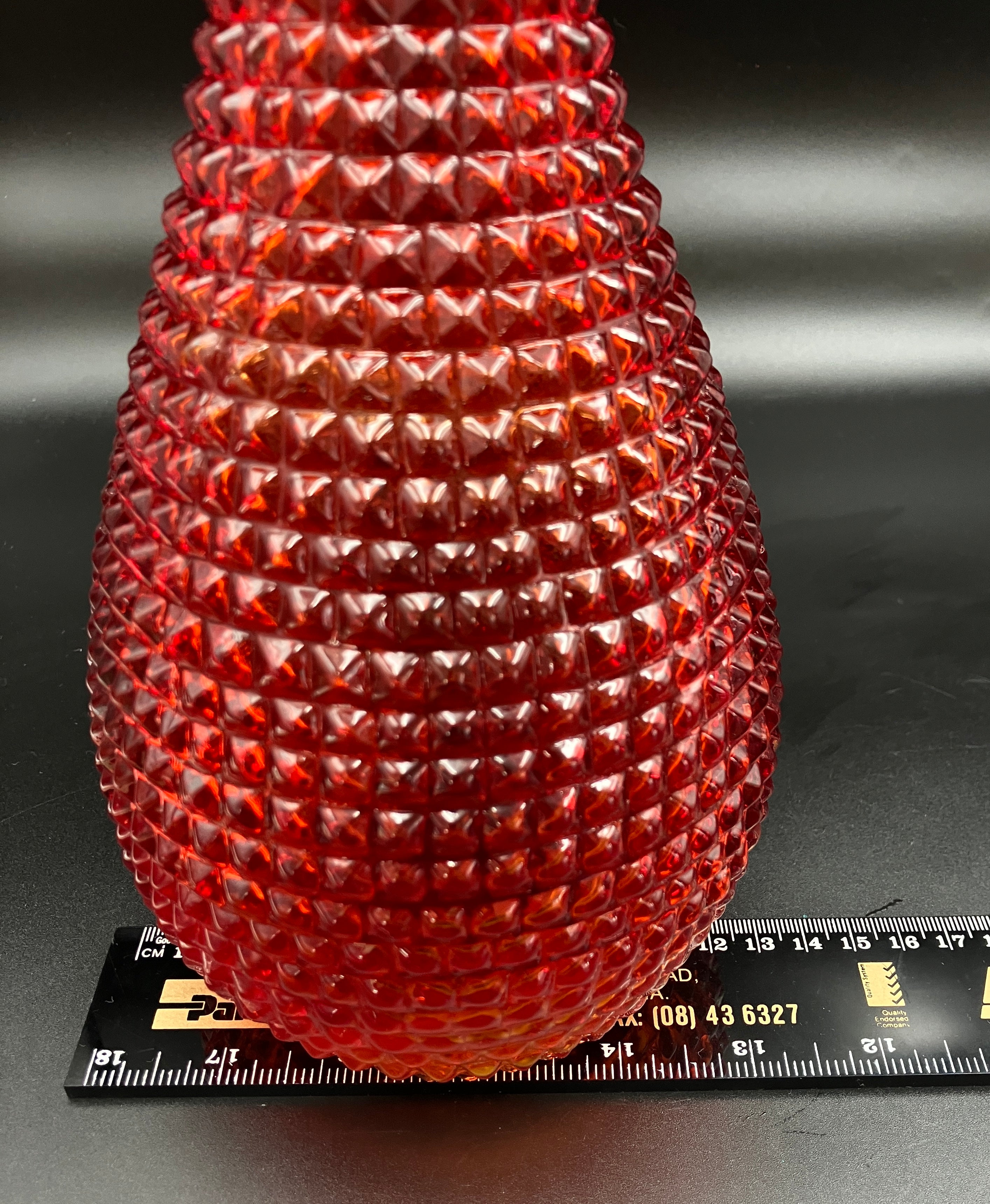 Vintage Orange Amberina Genie Bottle Diamond Cut - No Lid - 38cm Height