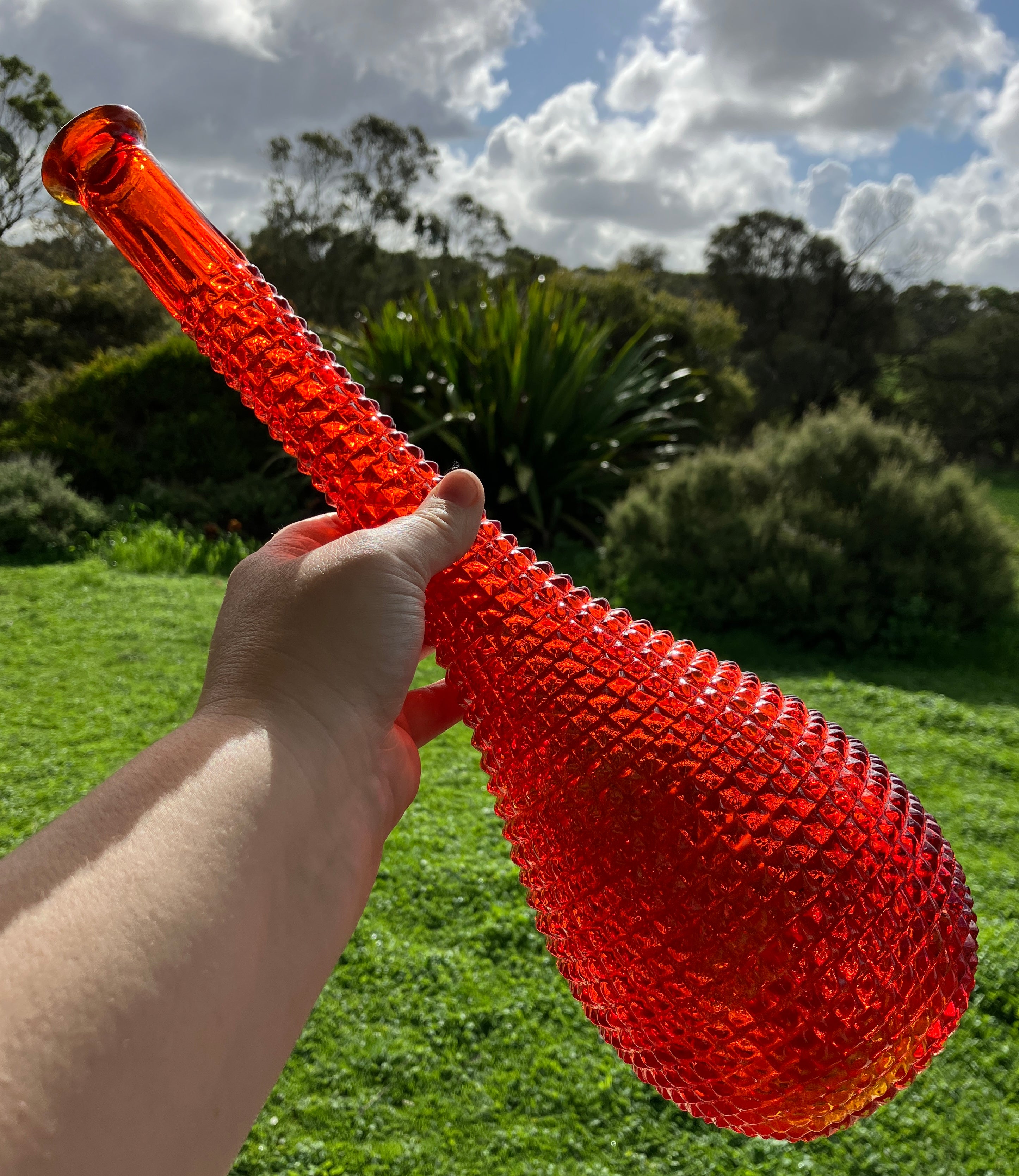 Vintage Orange Amberina Genie Bottle Diamond Cut - No Lid - 38cm Height