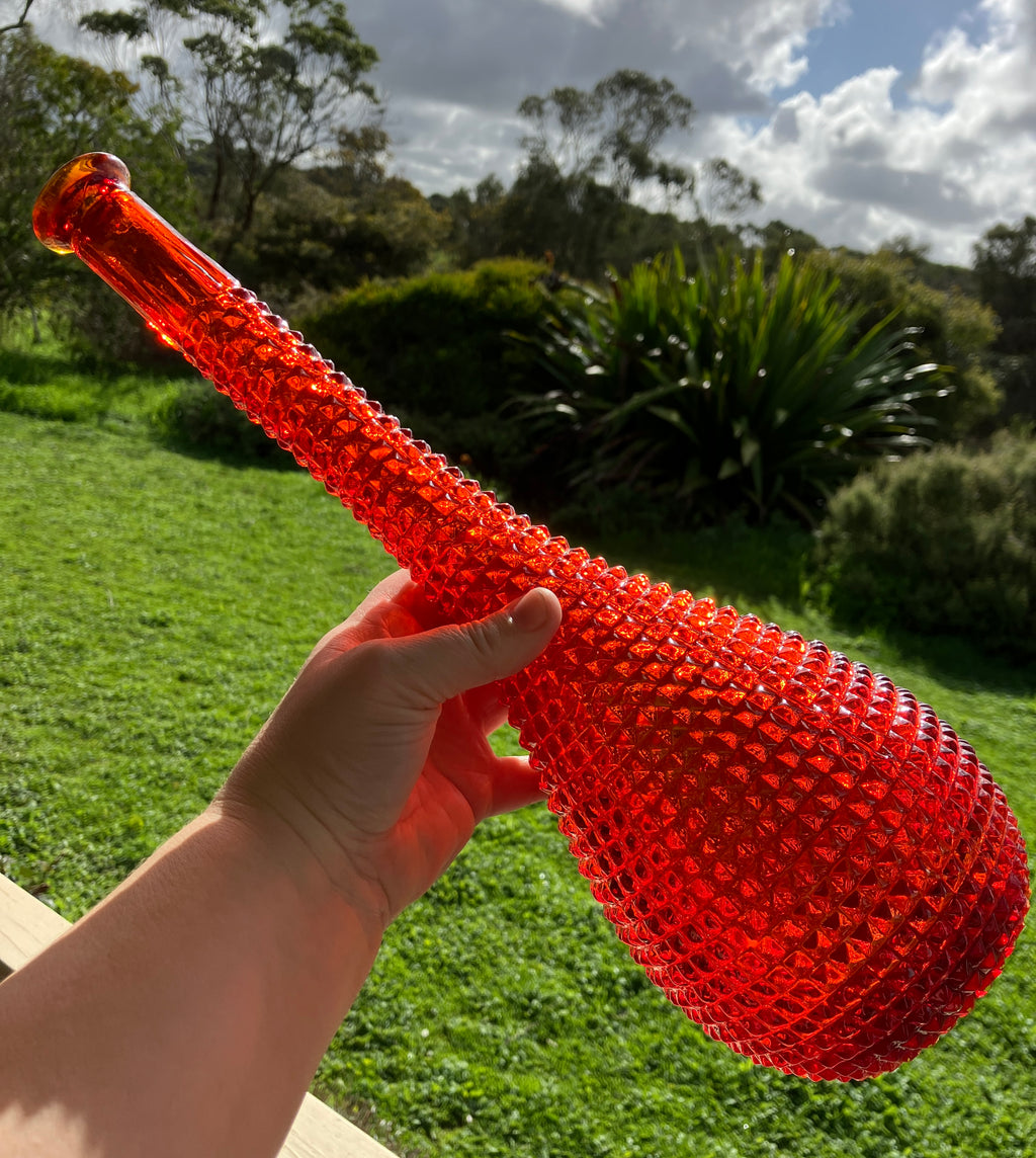 Vintage Orange Amberina Genie Bottle Diamond Cut - No Lid - 38cm Height