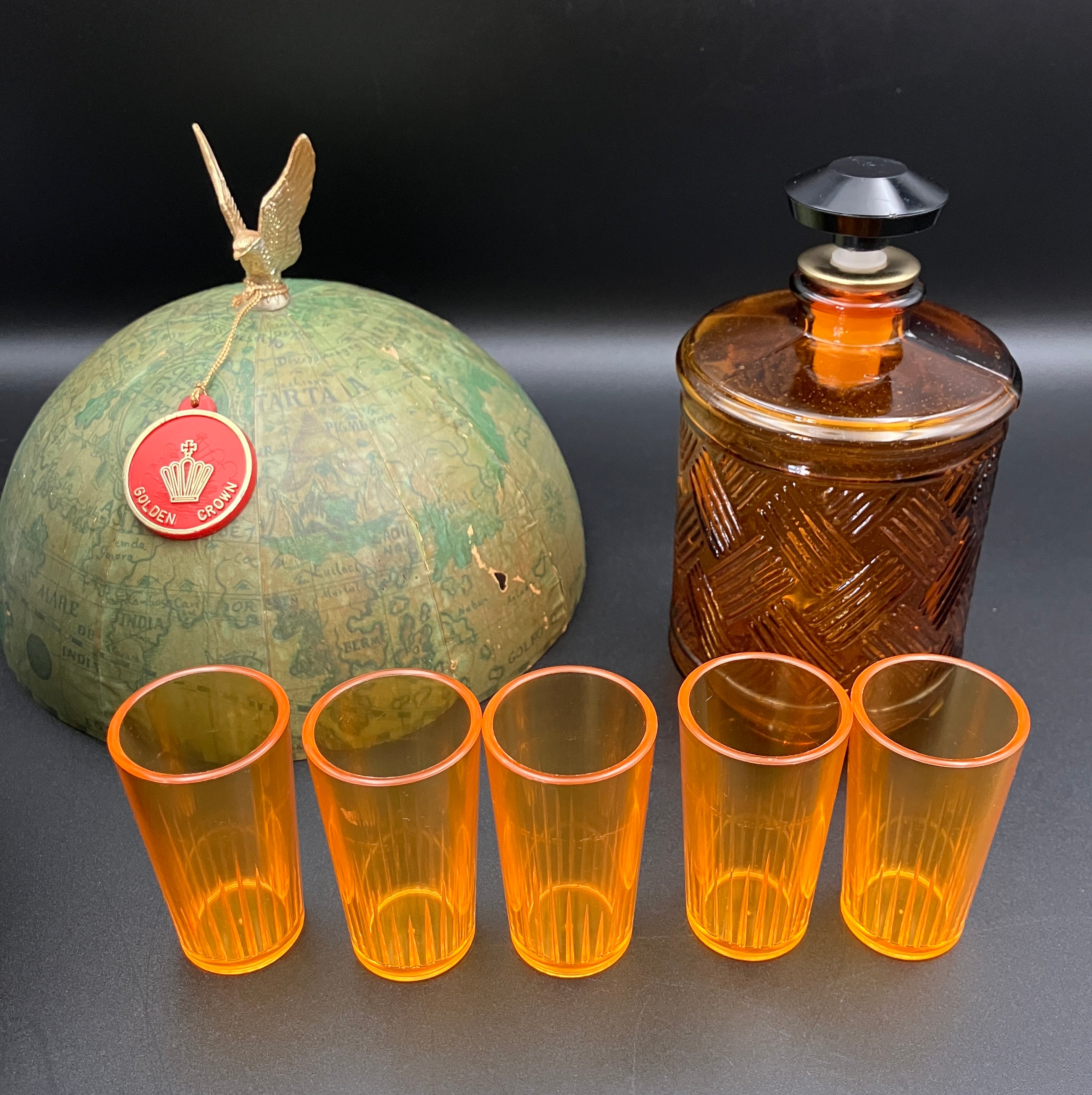 Vintage Globe Secret Decanter Set - Golden Crown ~ Made In Hong Kong