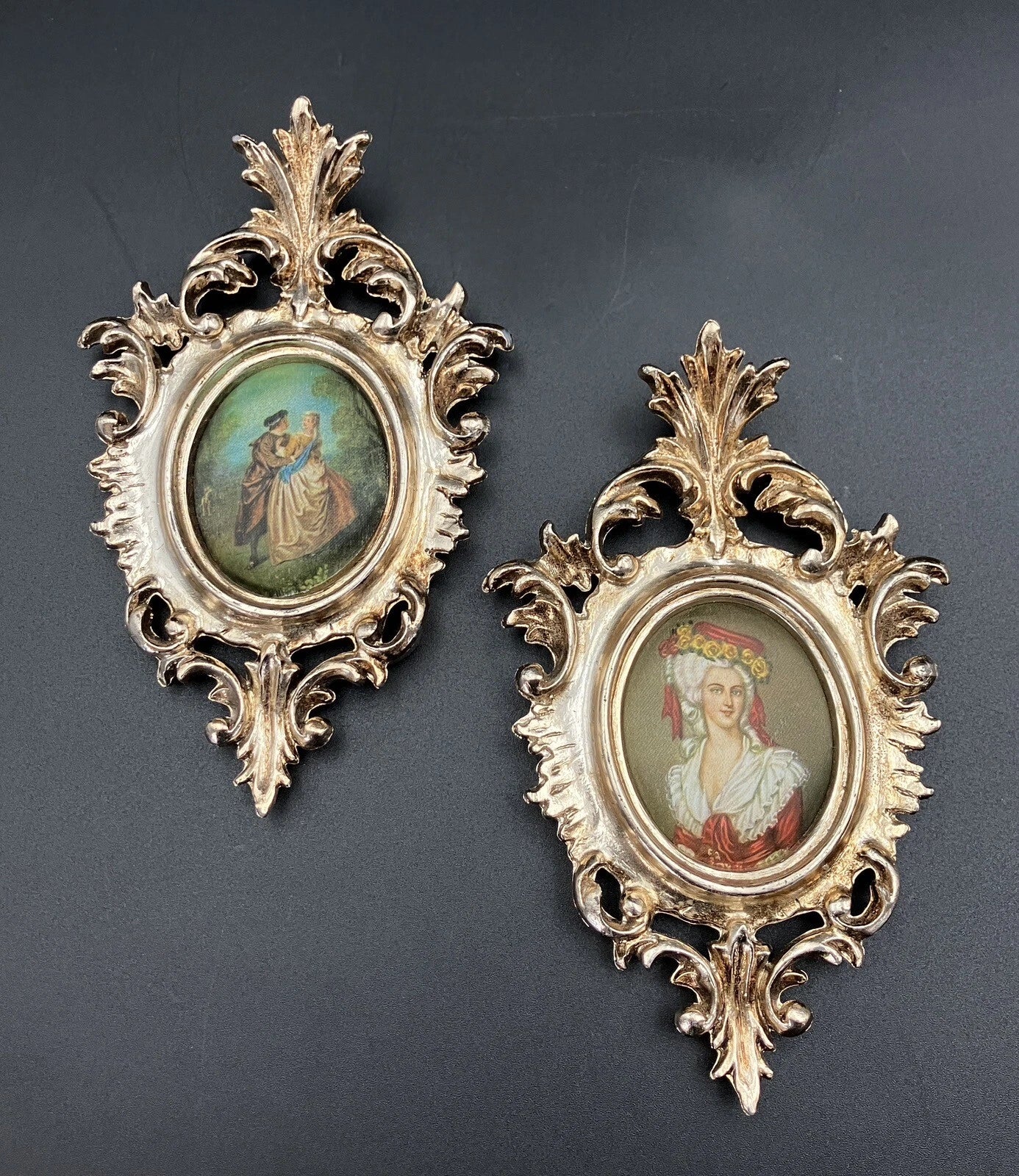 Vintage Ornate Frames PLASTIC With Silk Pictures 15.5cm X 10cm Made In Italy