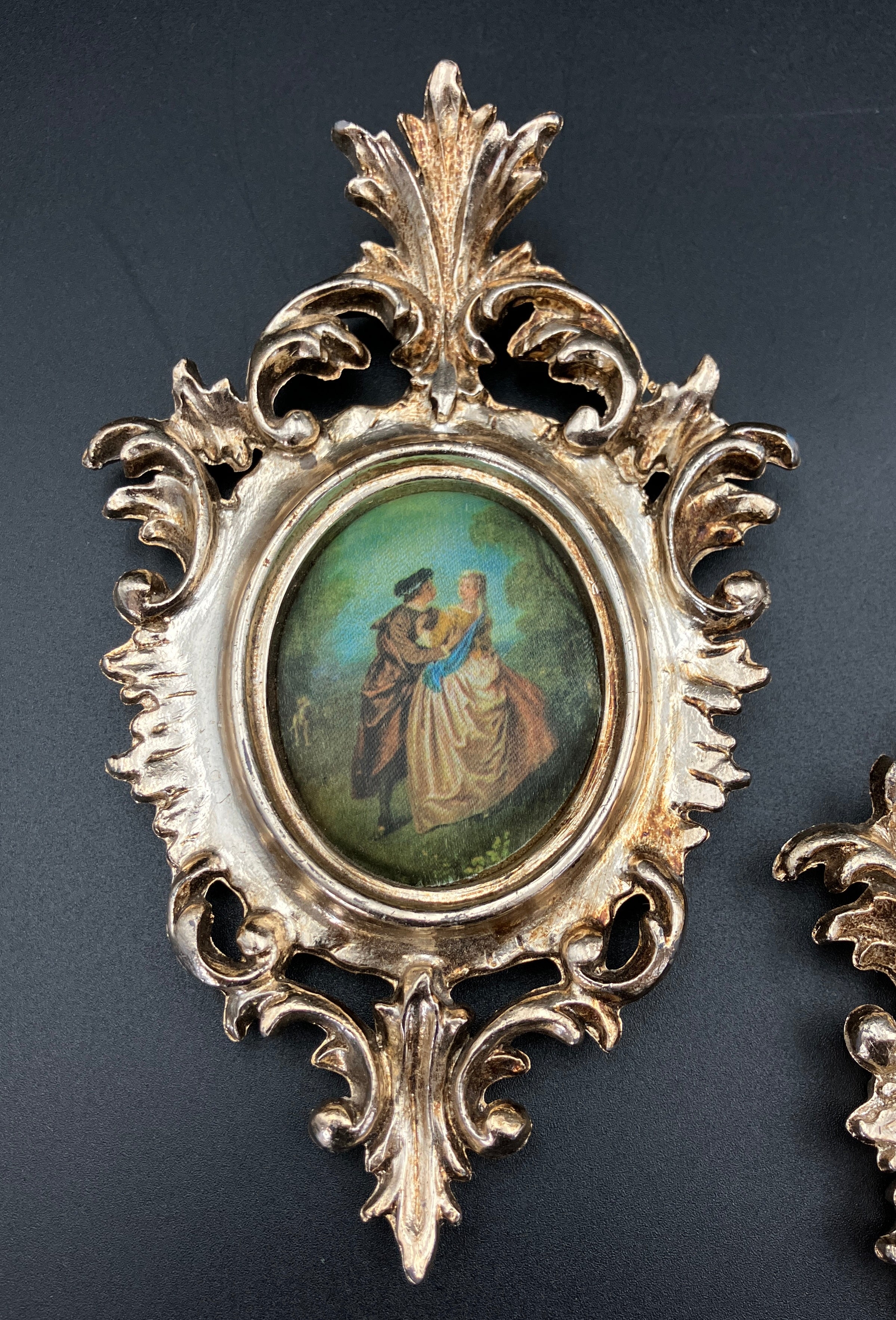 Vintage Ornate Frames PLASTIC With Silk Pictures 15.5cm X 10cm Made In Italy