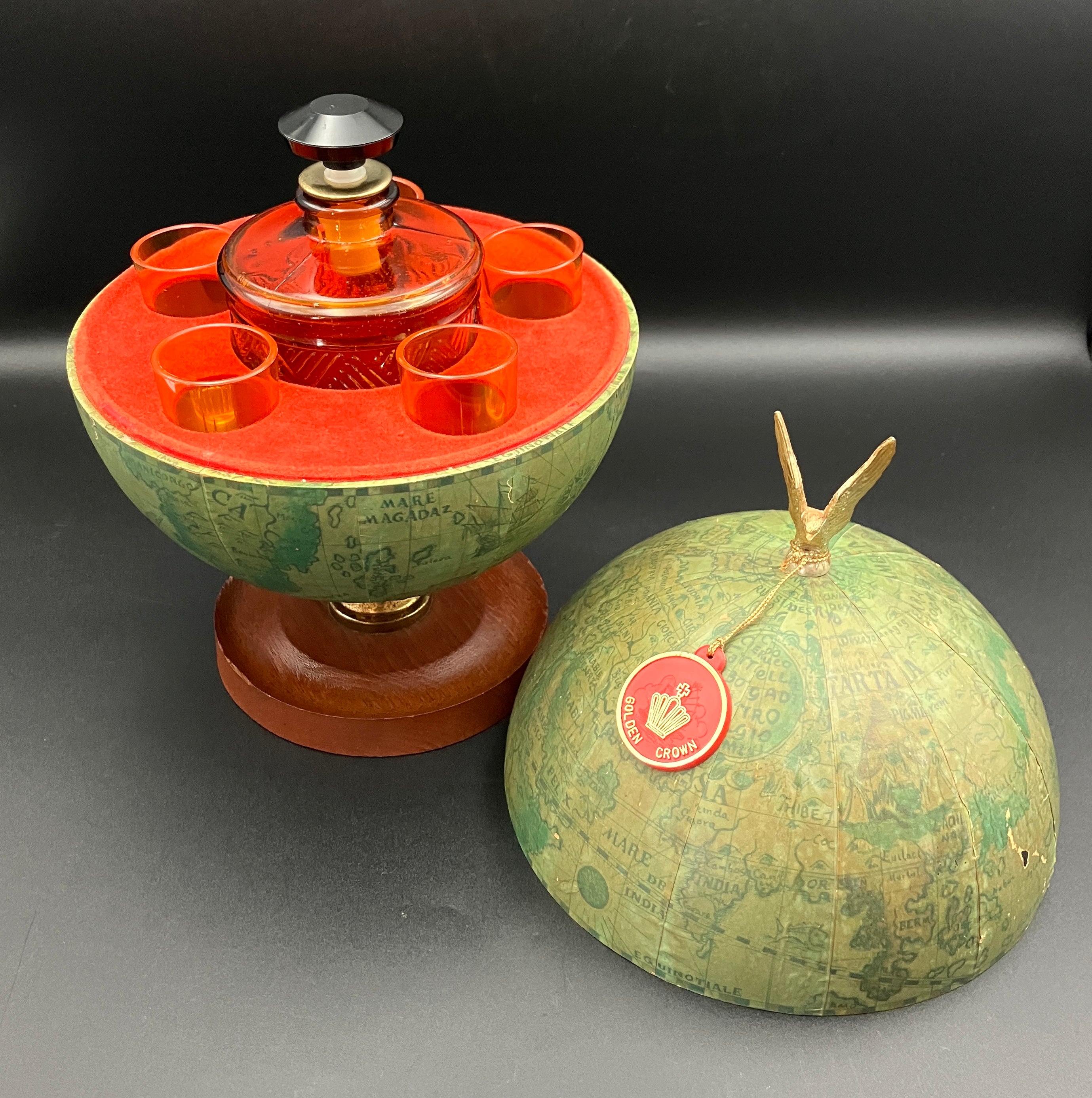 Vintage Globe Secret Decanter Set - Golden Crown ~ Made In Hong Kong