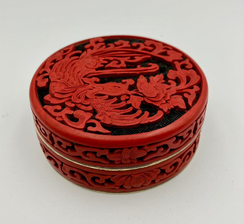 Antique Chinese Cinnabar Round Box Carved Flowers Blue Enamel & Brass 7cm Dia