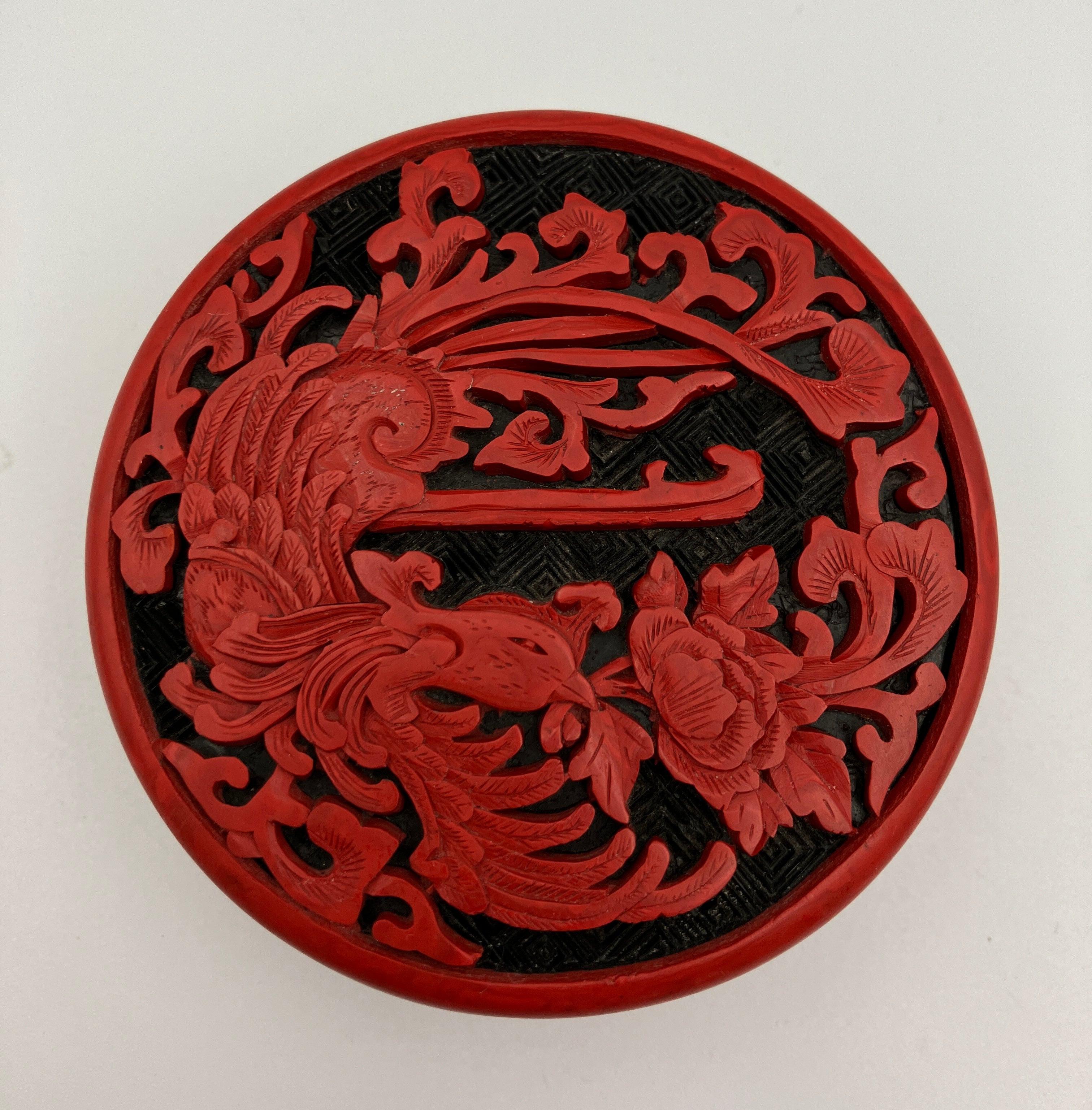 Antique Chinese Cinnabar Round Box Carved Flowers Blue Enamel & Brass 7cm Dia