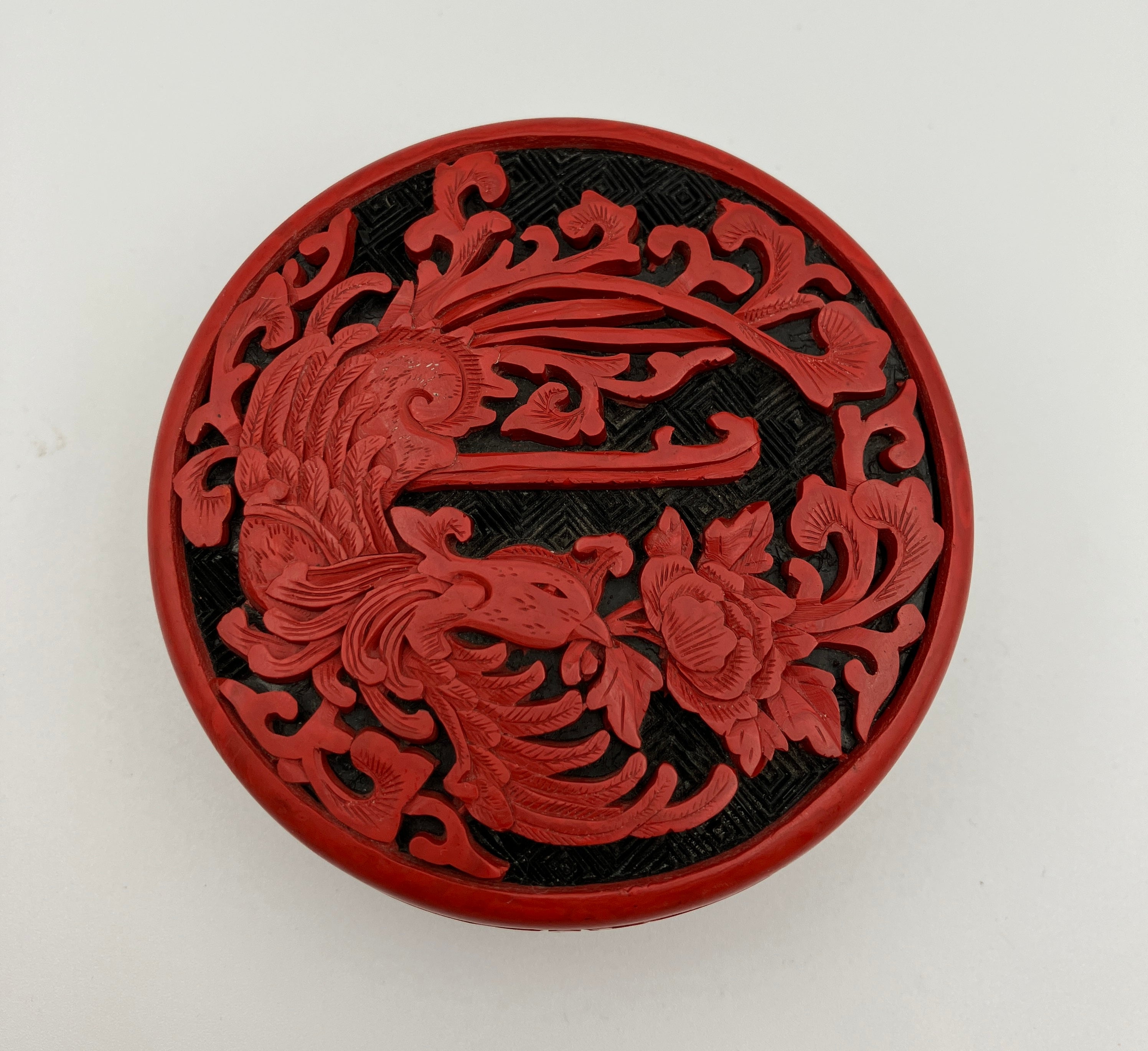 Antique Chinese Cinnabar Round Box Carved Flowers Blue Enamel & Brass 7cm Dia