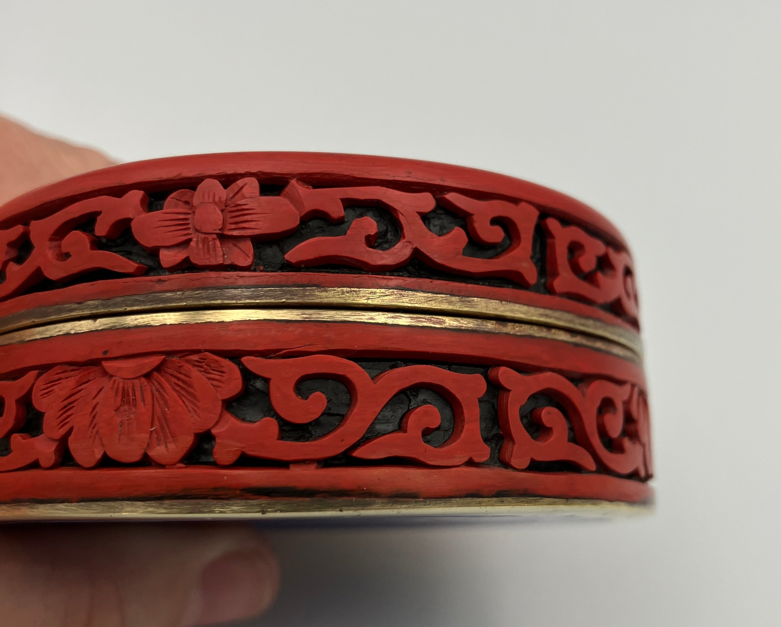 Antique Chinese Cinnabar Round Box Carved Flowers Blue Enamel & Brass 7cm Dia