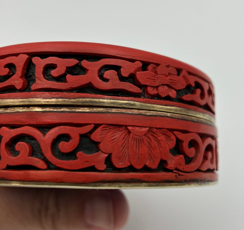 Antique Chinese Cinnabar Round Box Carved Flowers Blue Enamel & Brass 7cm Dia