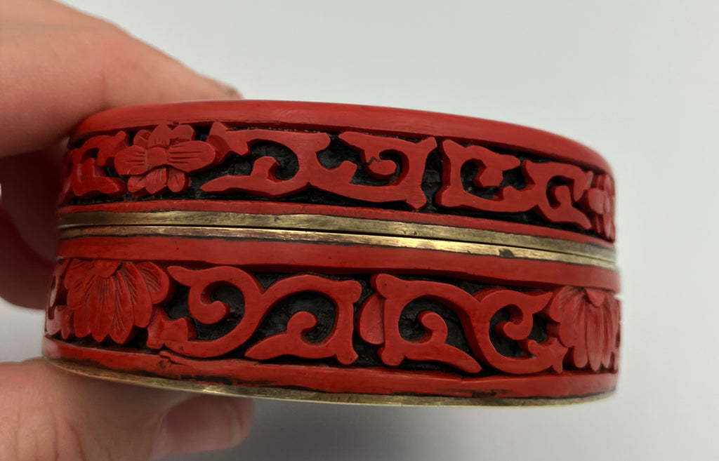 Antique Chinese Cinnabar Round Box Carved Flowers Blue Enamel & Brass 7cm Dia