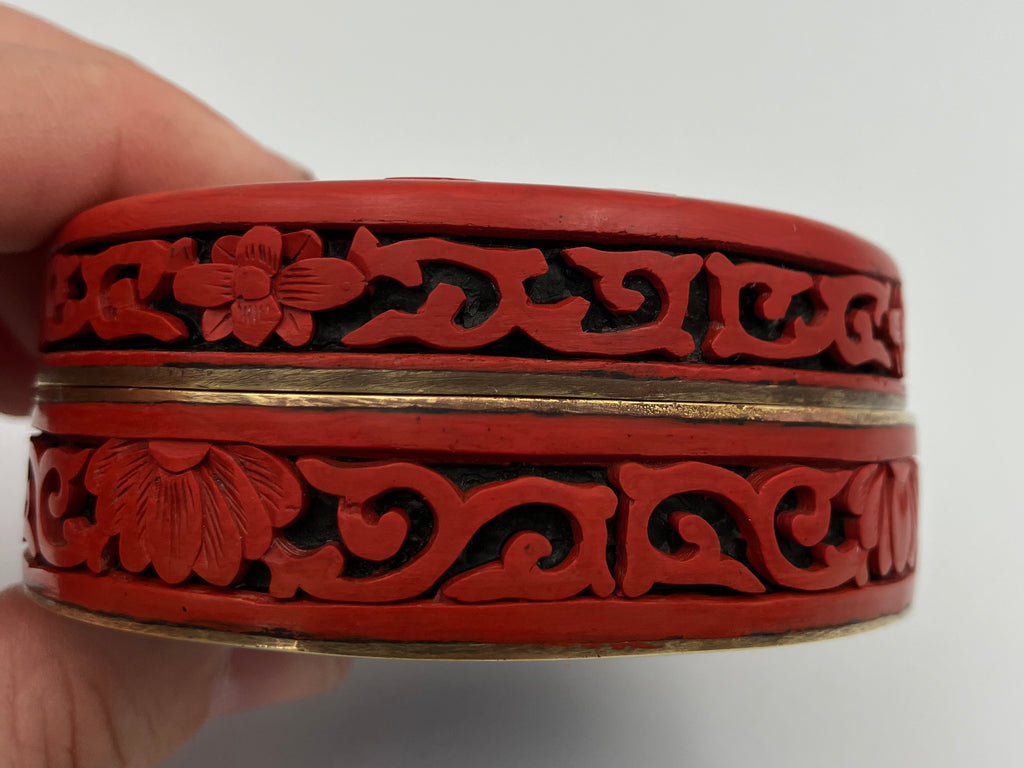 Antique Chinese Cinnabar Round Box Carved Flowers Blue Enamel & Brass 7cm Dia